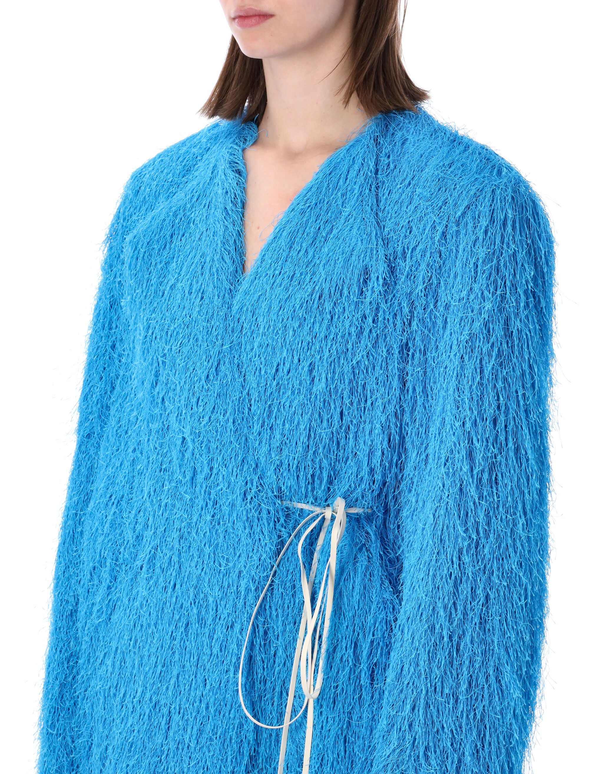 Dries Van Noten collarless fringed jacket Turquoise Polyester
