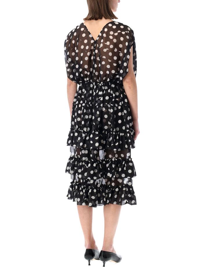 Dries Van Noten Polka Dot Ruffle Midi Dress Black Polyester