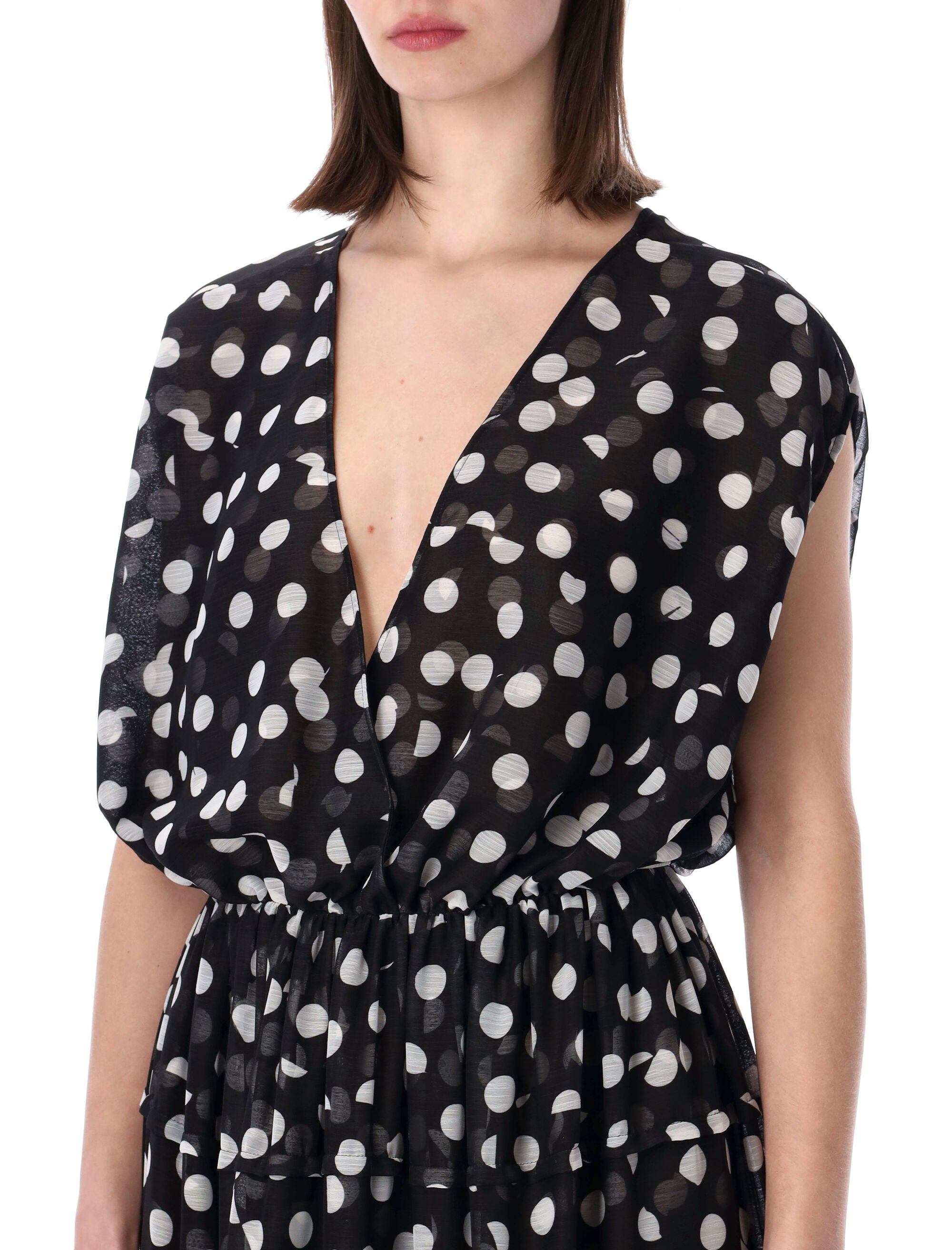 Dries Van Noten Polka Dot Ruffle Midi Dress Black Polyester