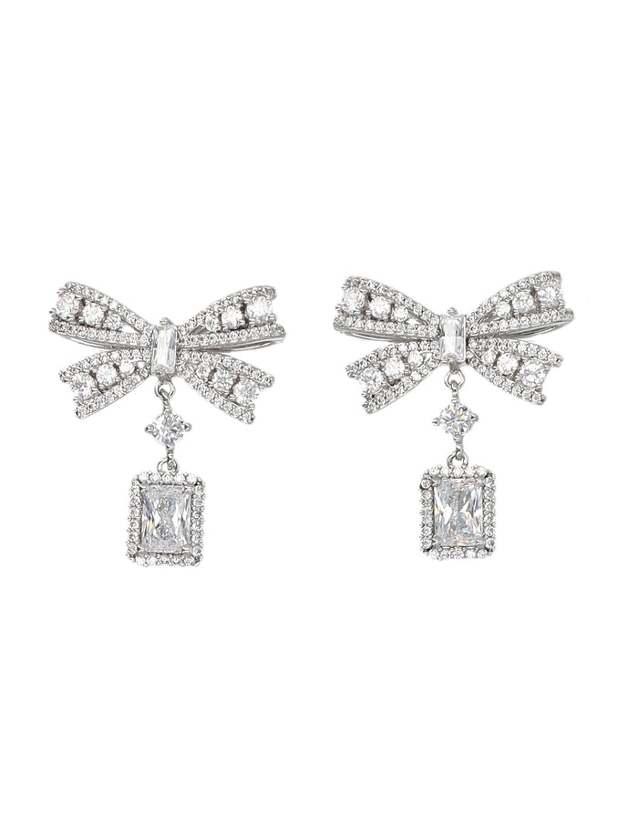 Self-Portrait Bow Crystal Drop Earrings Silver Brass