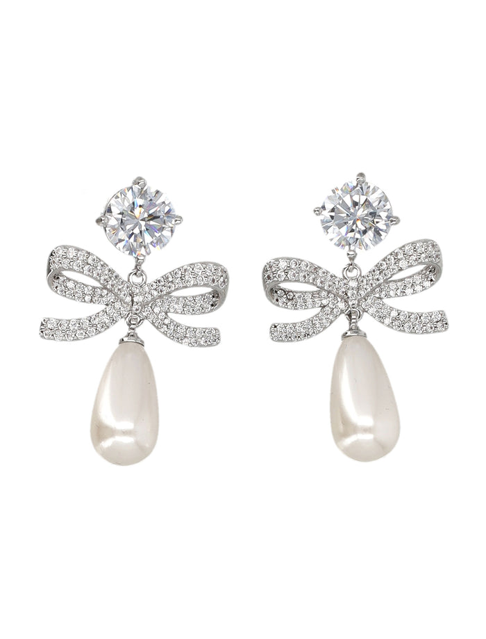 Self-Portrait Crystal Bow Pearl Earrings Silver Brass