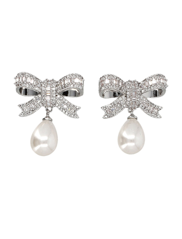 Self-Portrait Crystal Bow Pearl Droplet Earrings Silver Copper