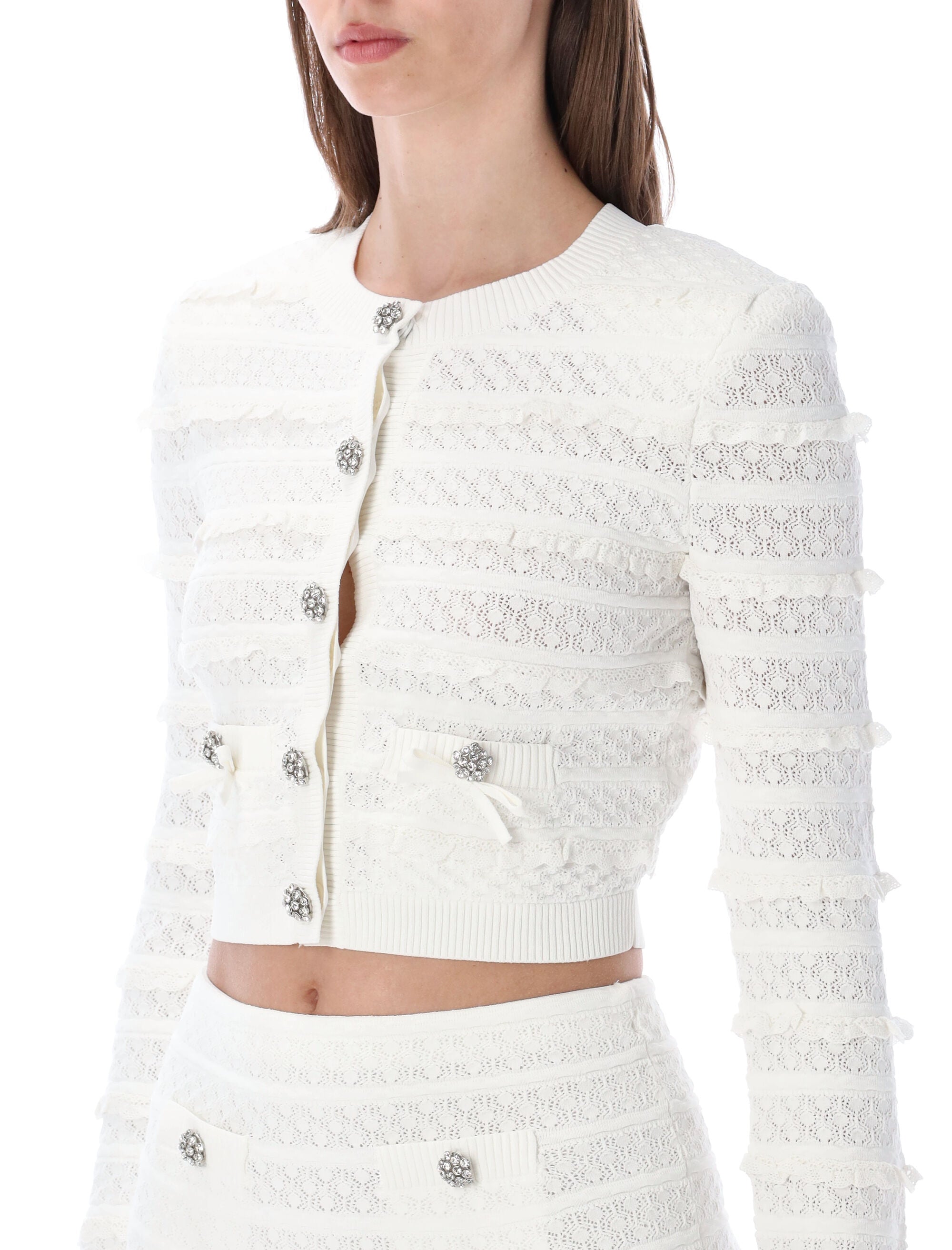 Self-Portrait Pointelle Knit Cardigan White Viscose