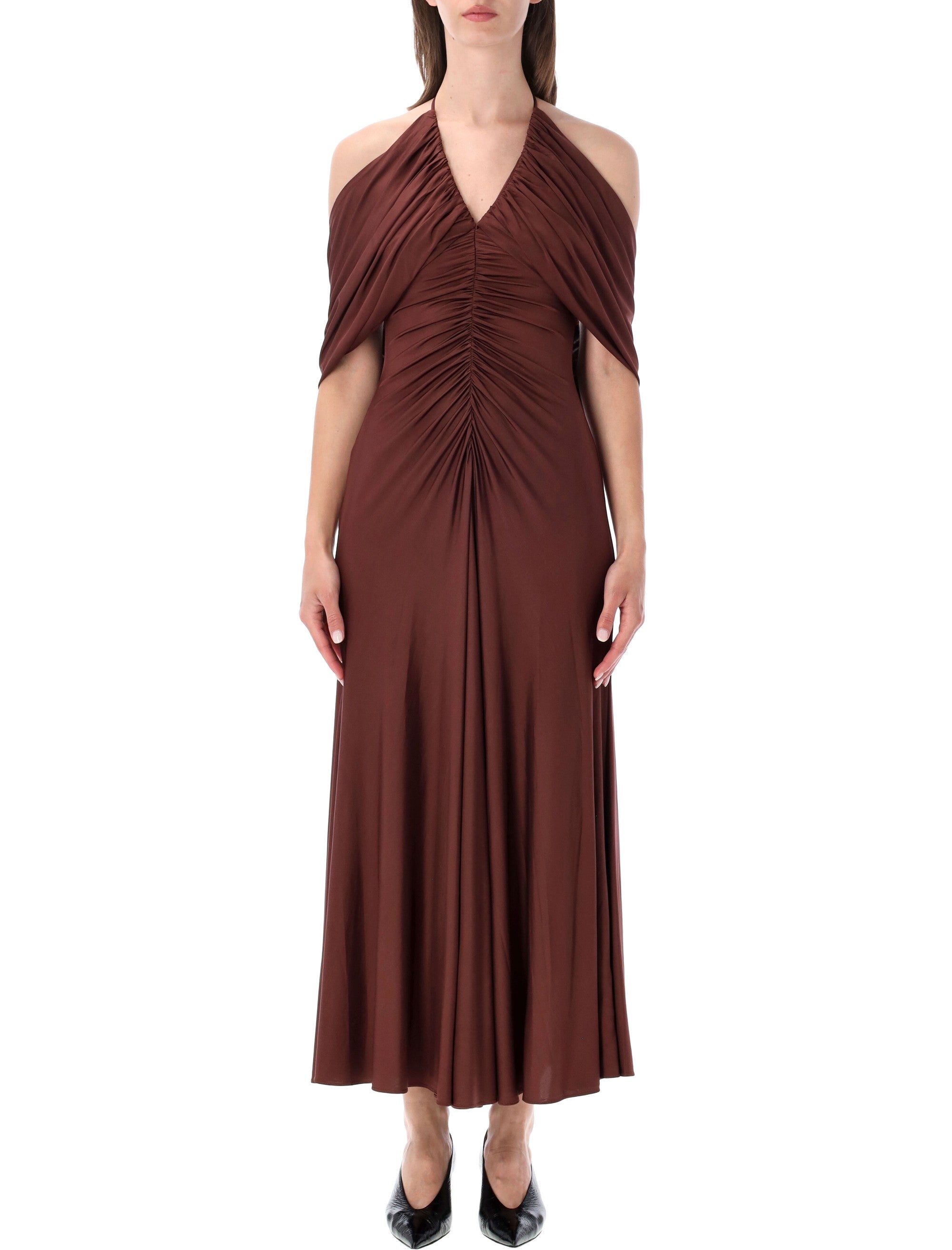 Self-Portrait Jersey Drape Midi Dress Brown Viscose