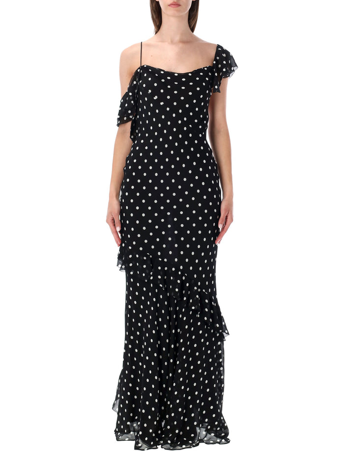 Self-Portrait Polka Dot Georgette Maxi Dress Black Viscose Lining