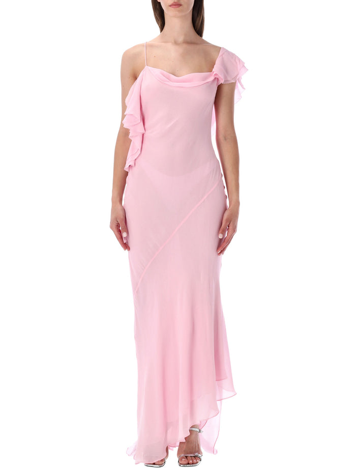 Self-Portrait Georgette Frill Maxi Dress Pink Viscose Lining