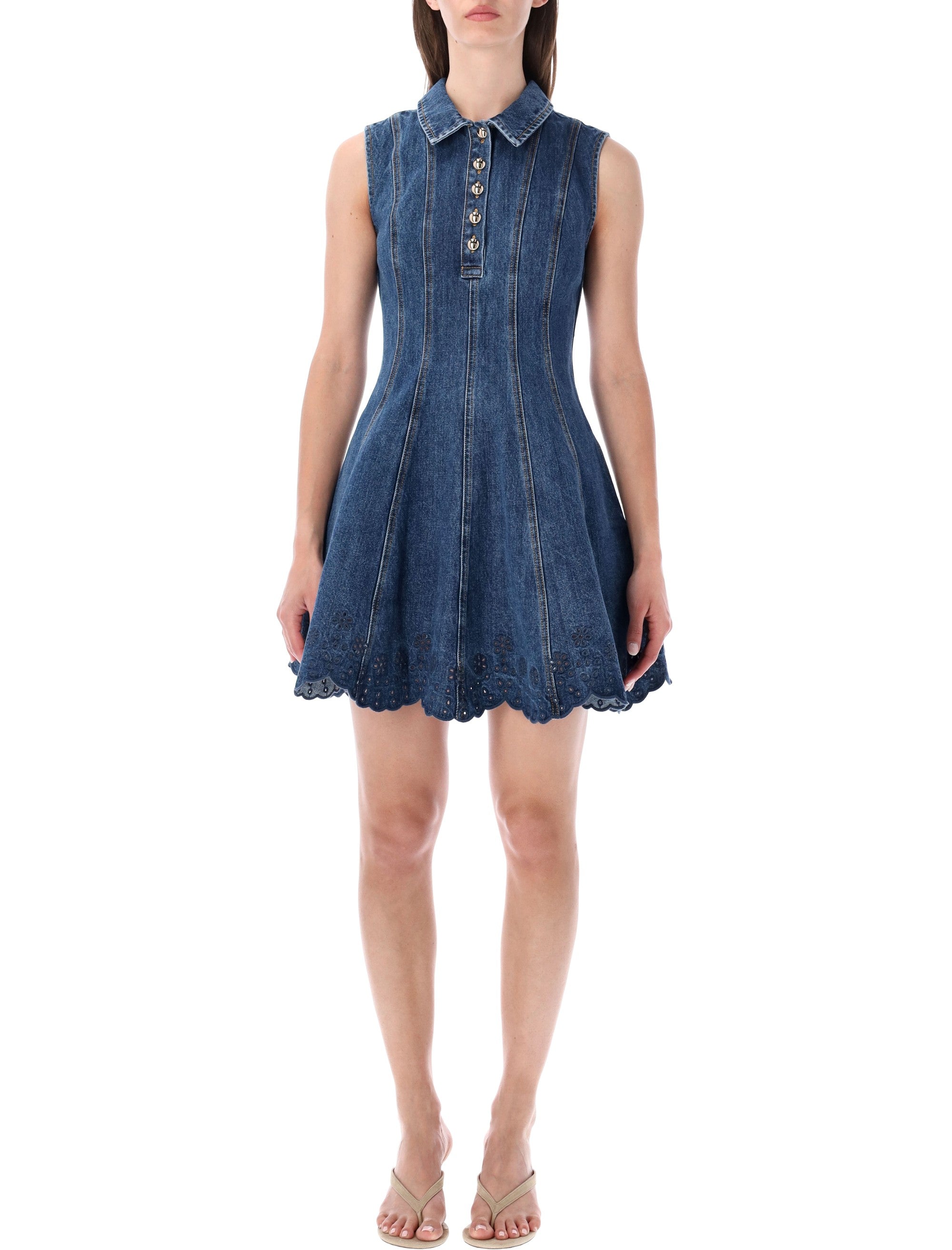 Self-Portrait Denim Broderie Mini Dress Blue Cotton Lining