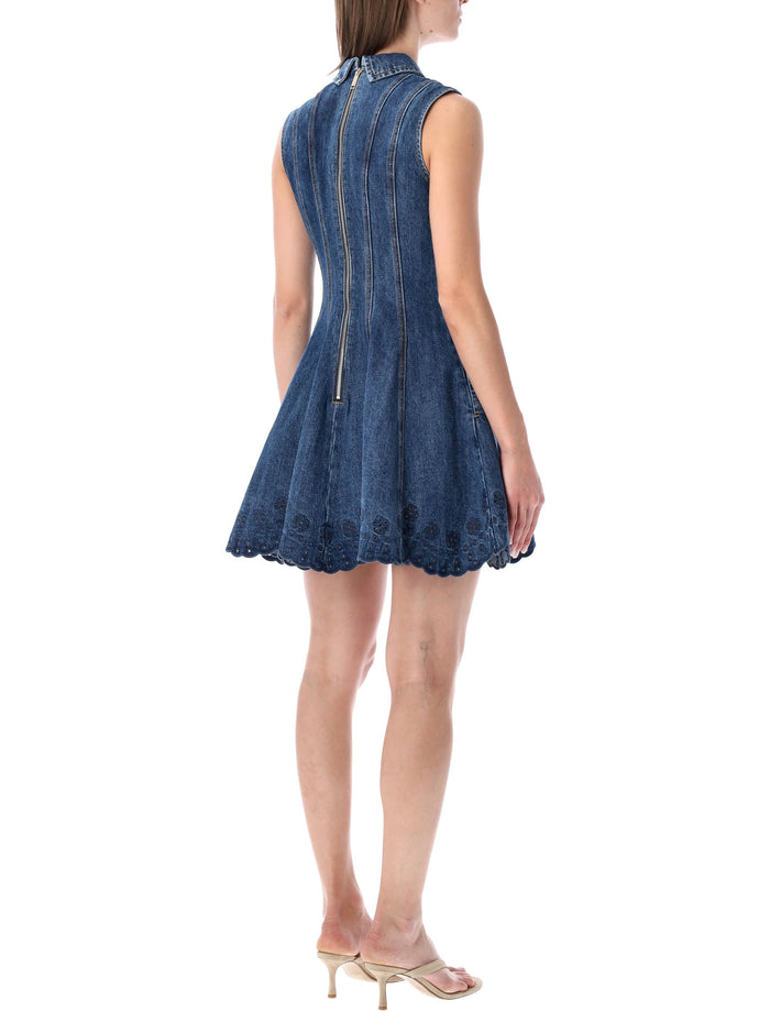 Self-Portrait Denim Broderie Mini Dress Blue Cotton Lining