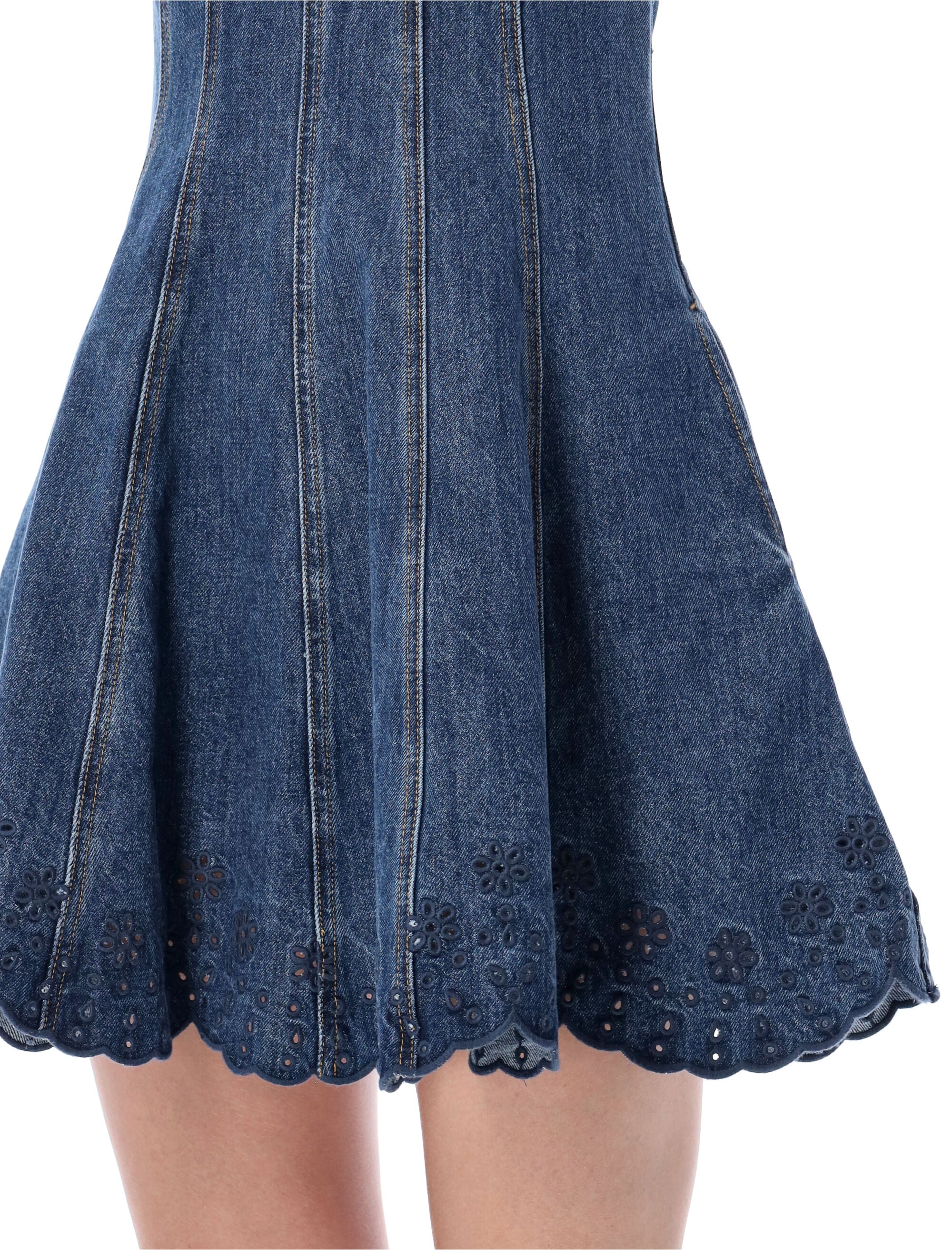 Self-Portrait Denim Broderie Mini Dress Blue Cotton Lining