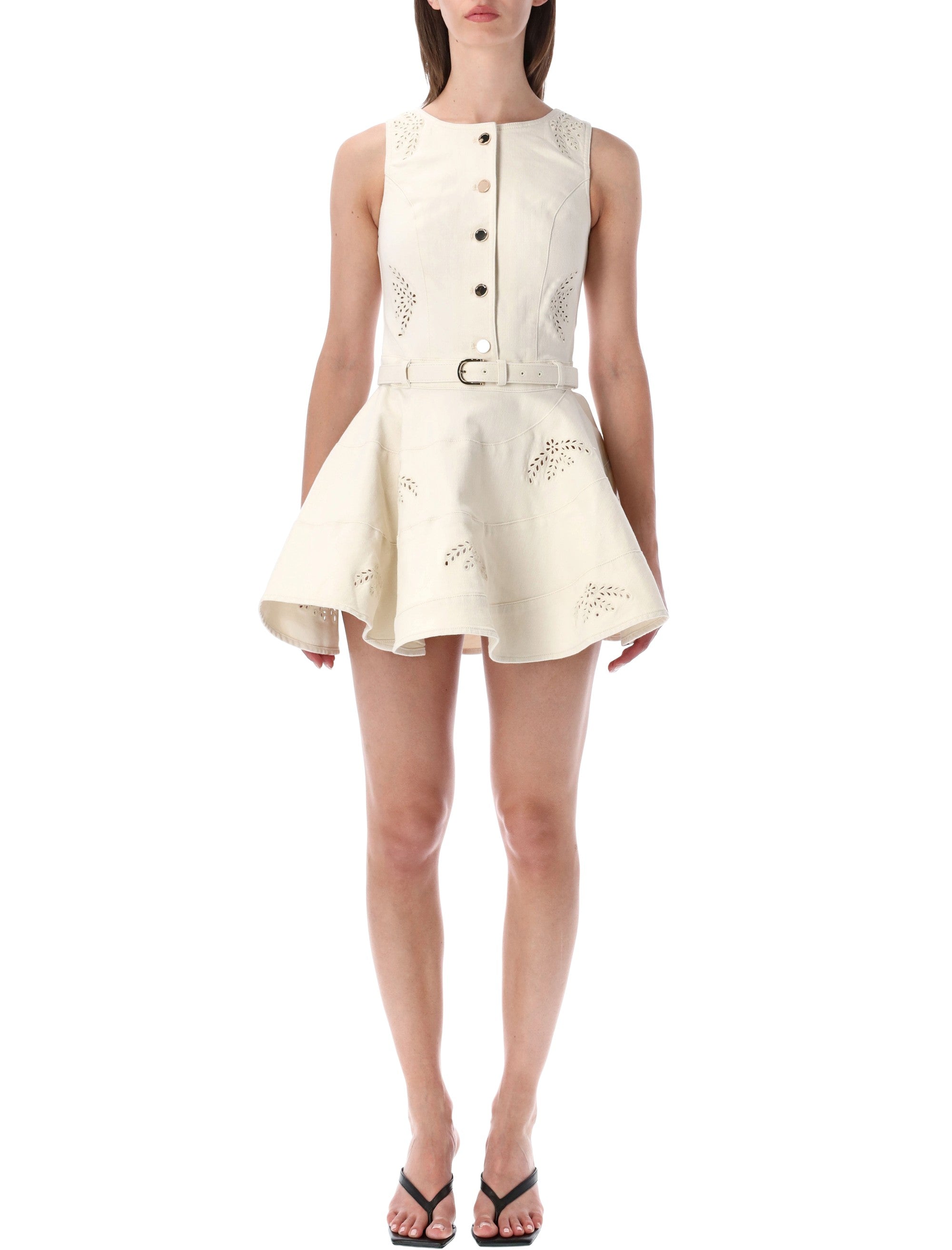 Self-Portrait Broderie Denim Mini Dress Cream Cotton