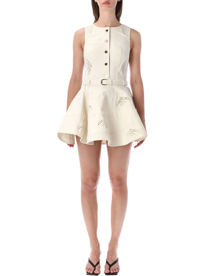 Self-Portrait Broderie Denim Mini Dress Cream Cotton
