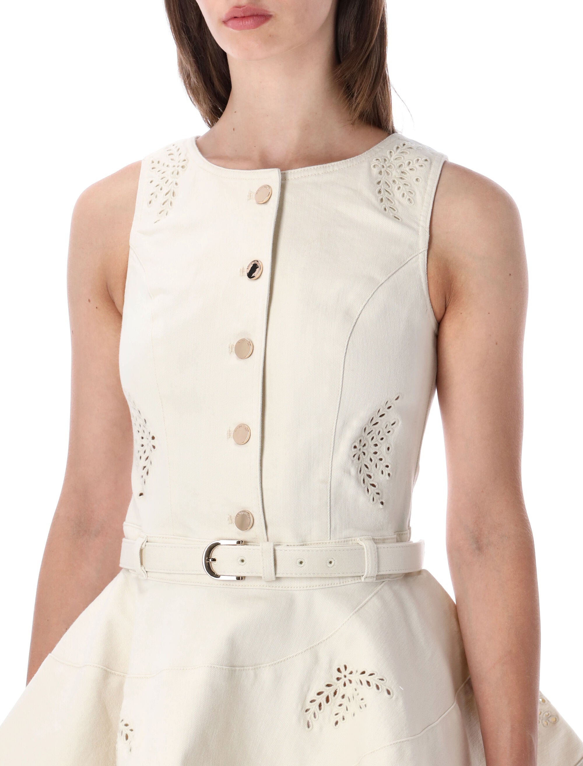 Self-Portrait Broderie Denim Mini Dress Cream Cotton