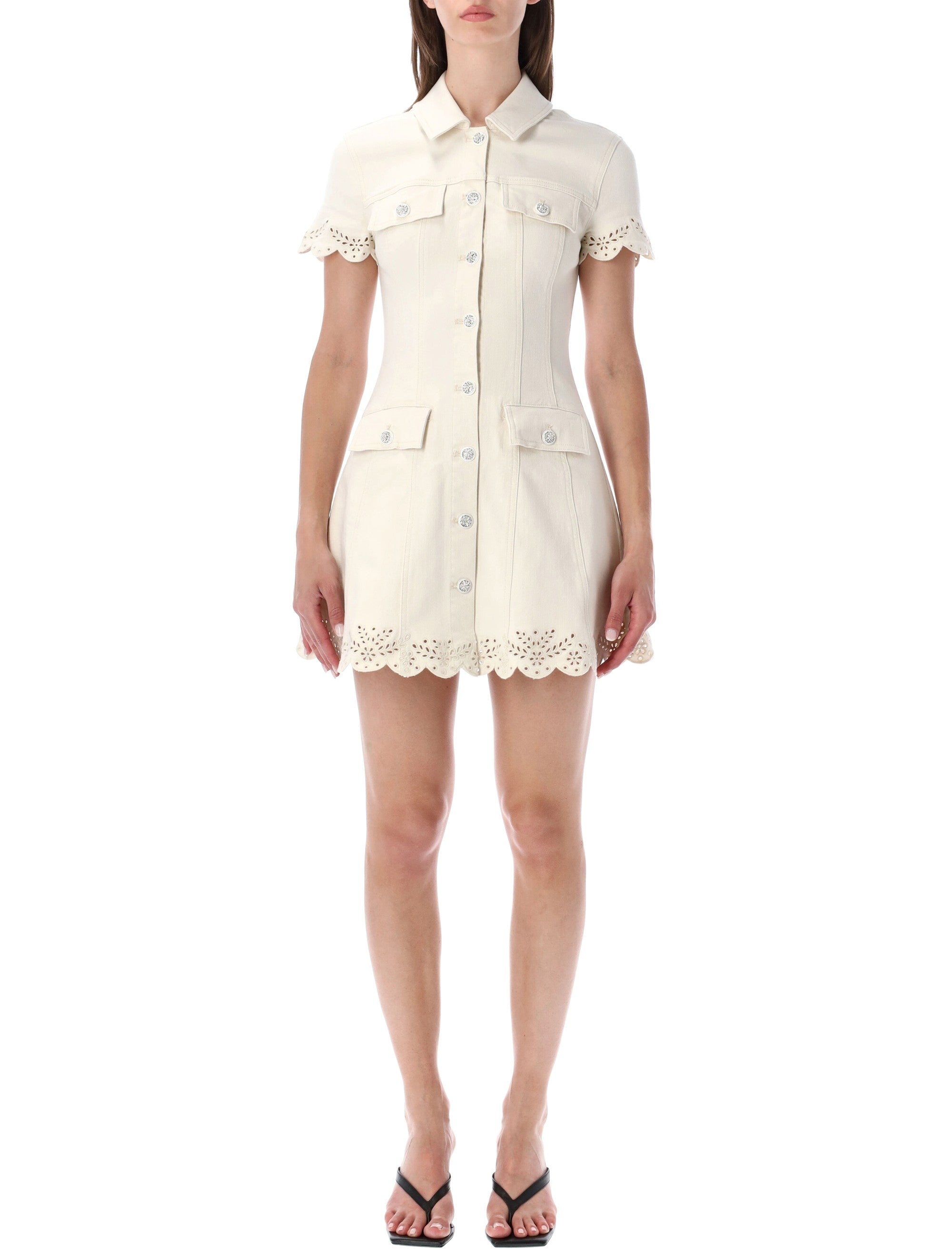 Self-Portrait Collared Denim Mini Dress Cream Cotton