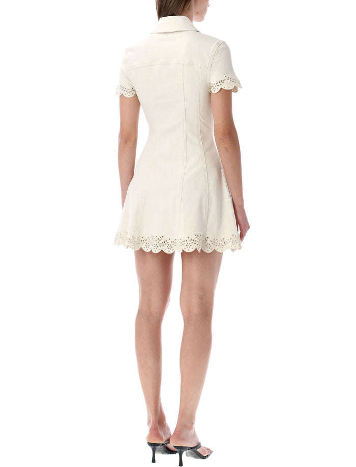 Self-Portrait Collared Denim Mini Dress Cream Cotton