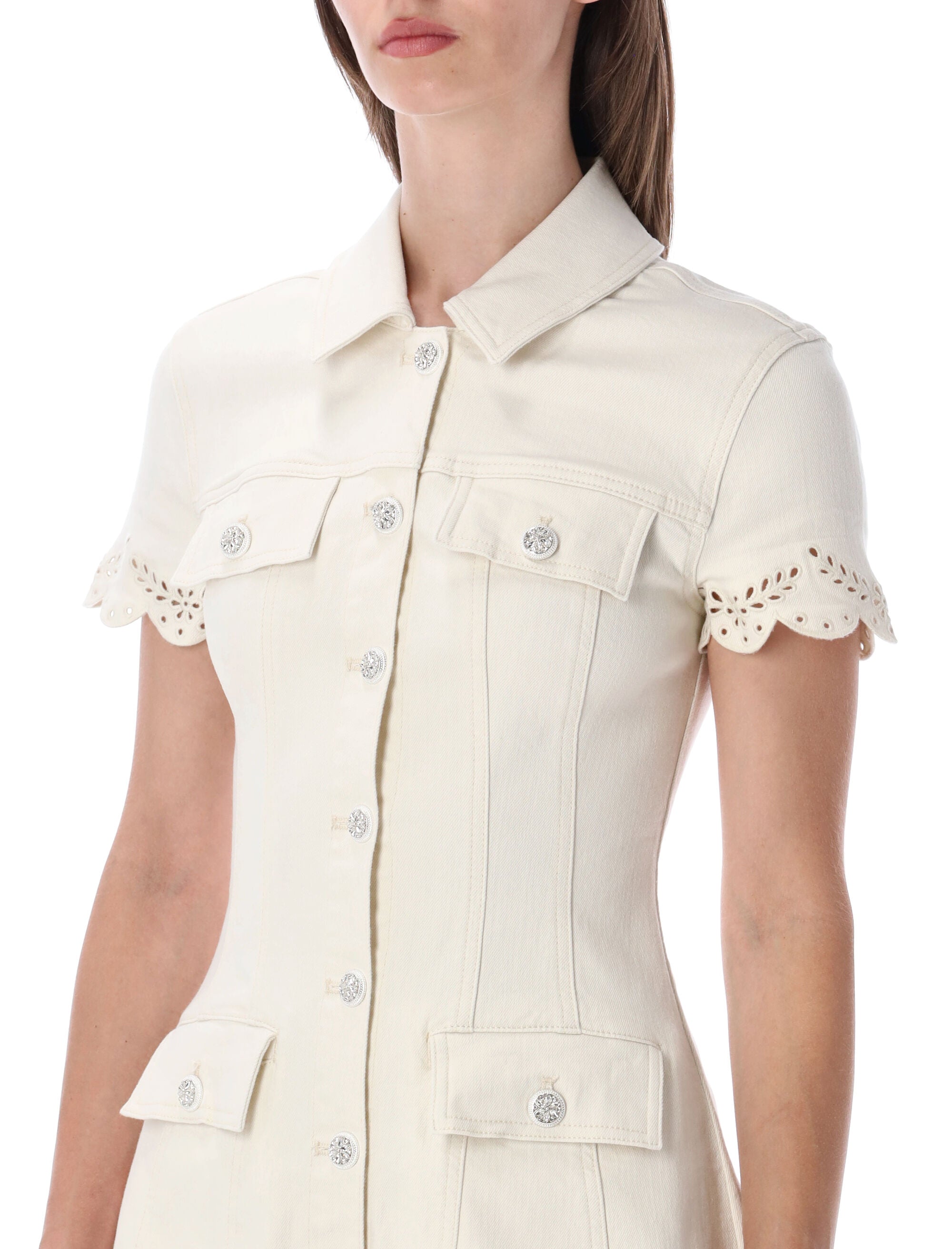 Self-Portrait Collared Denim Mini Dress Cream Cotton