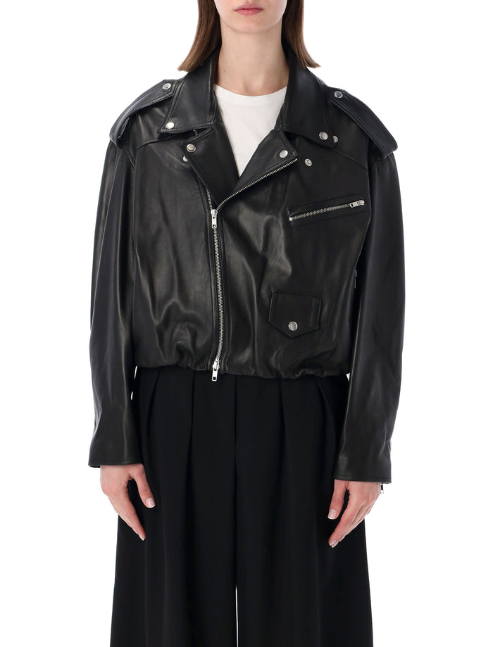 Sword elastic hem black leather jacket Ovine