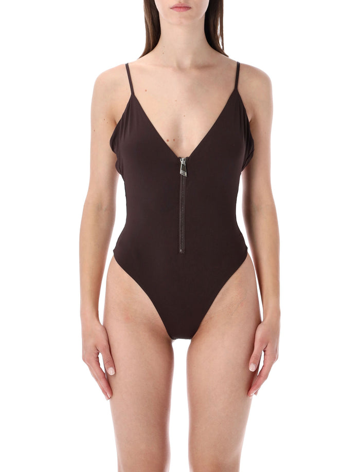 The Attico Zip-Up Swimsuit Dark Brown Polyamide Swimwear