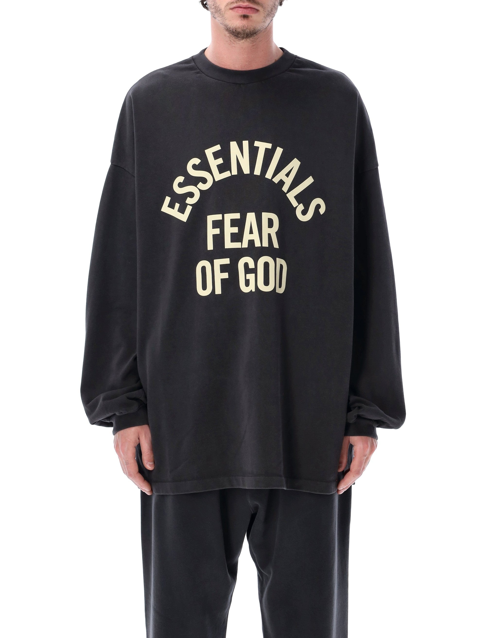 Essentials Fear Of God Black Campus 90s Long Sleeve Tee Faded Cotton Tshirt