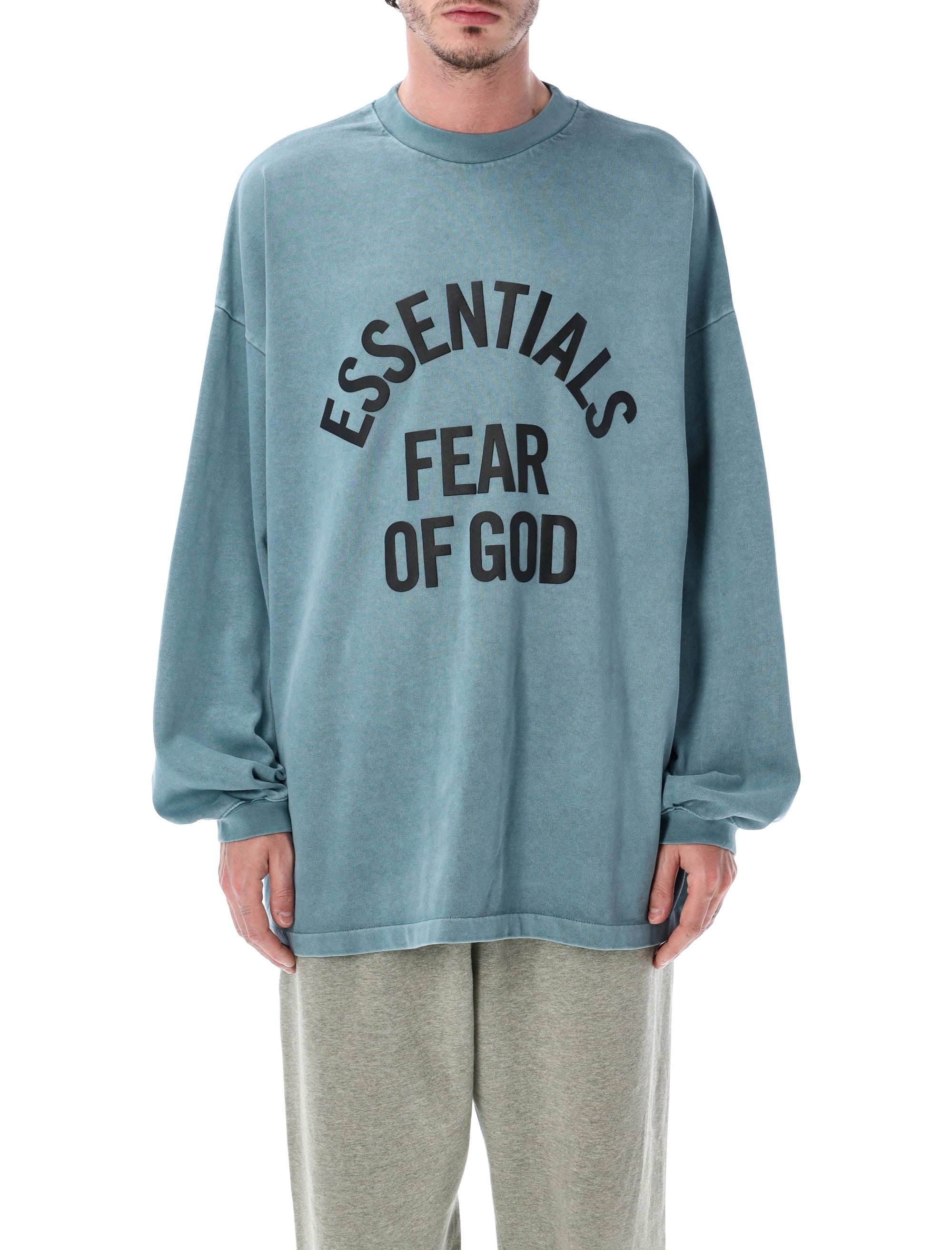 Essentials Fear Of God Light Blue Campus 90s Long Sleeve Tee Faded Coastal Cotton Tshirt