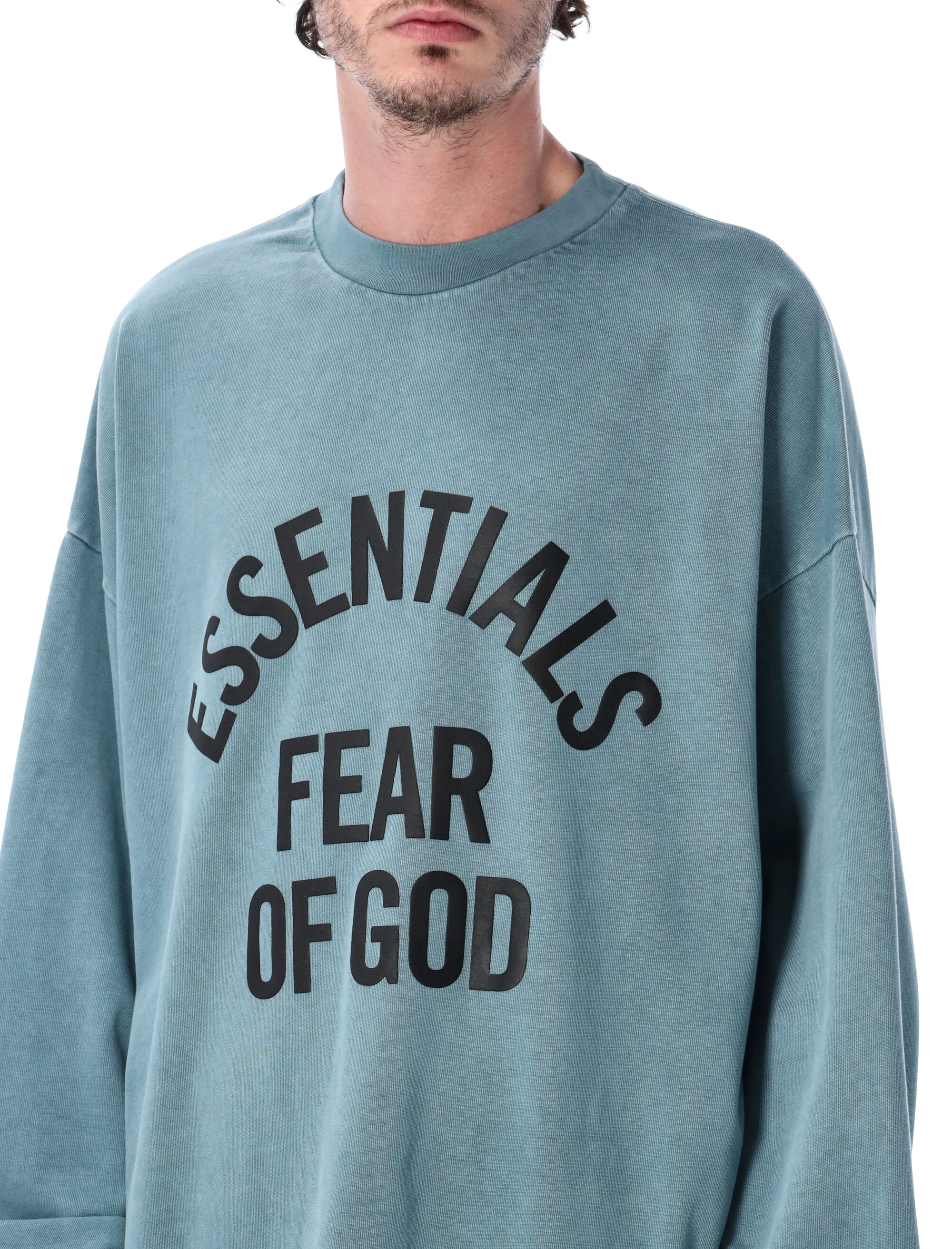 Essentials Fear Of God Light Blue Campus 90s Long Sleeve Tee Faded Coastal Cotton Tshirt
