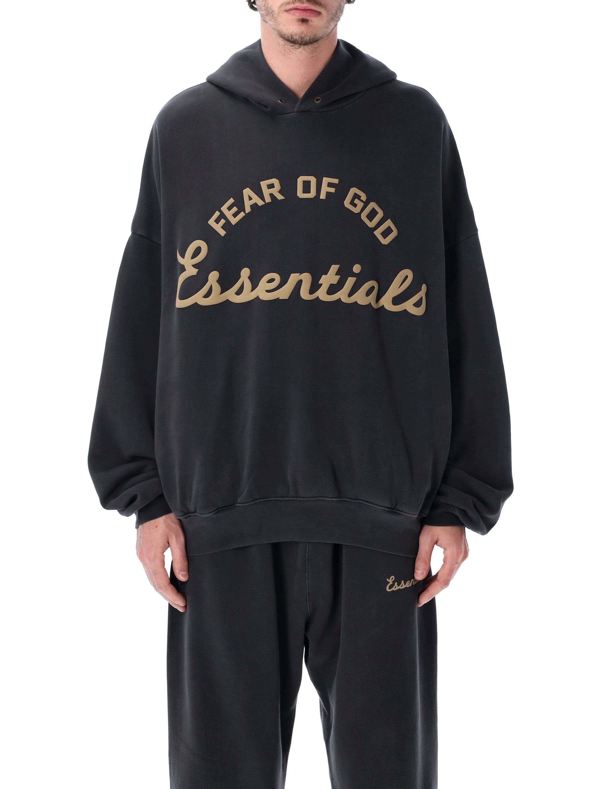 Essentials Fear Of God Black Training 90s Hoodie Faded Cotton Sweatshirt