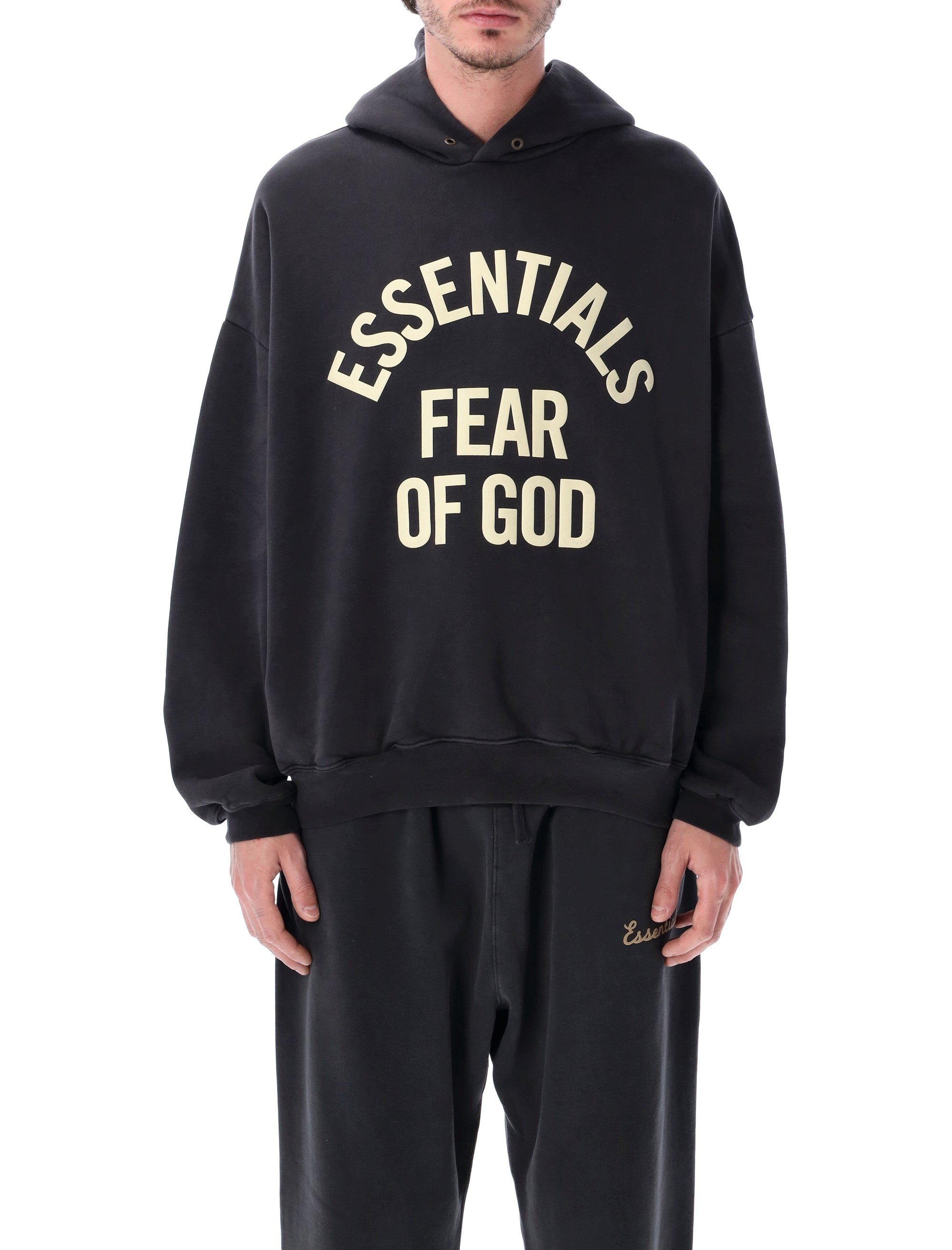 Essentials Fear Of God Black Campus 90s Hoodie Faded Cotton Sweatshirt