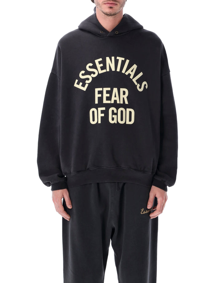 Essentials Fear Of God Black Campus 90s Hoodie Faded Cotton Sweatshirt