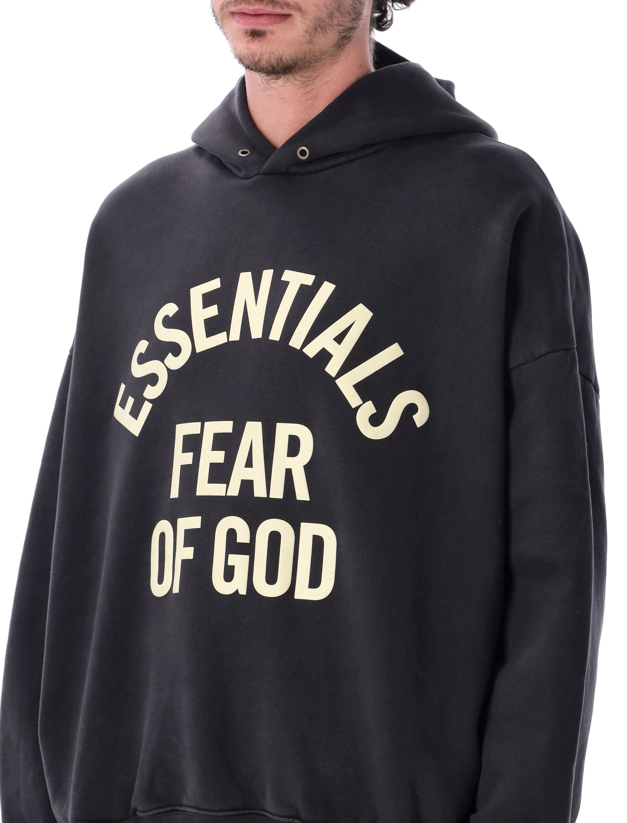 Essentials Fear Of God Black Campus 90s Hoodie Faded Cotton Sweatshirt
