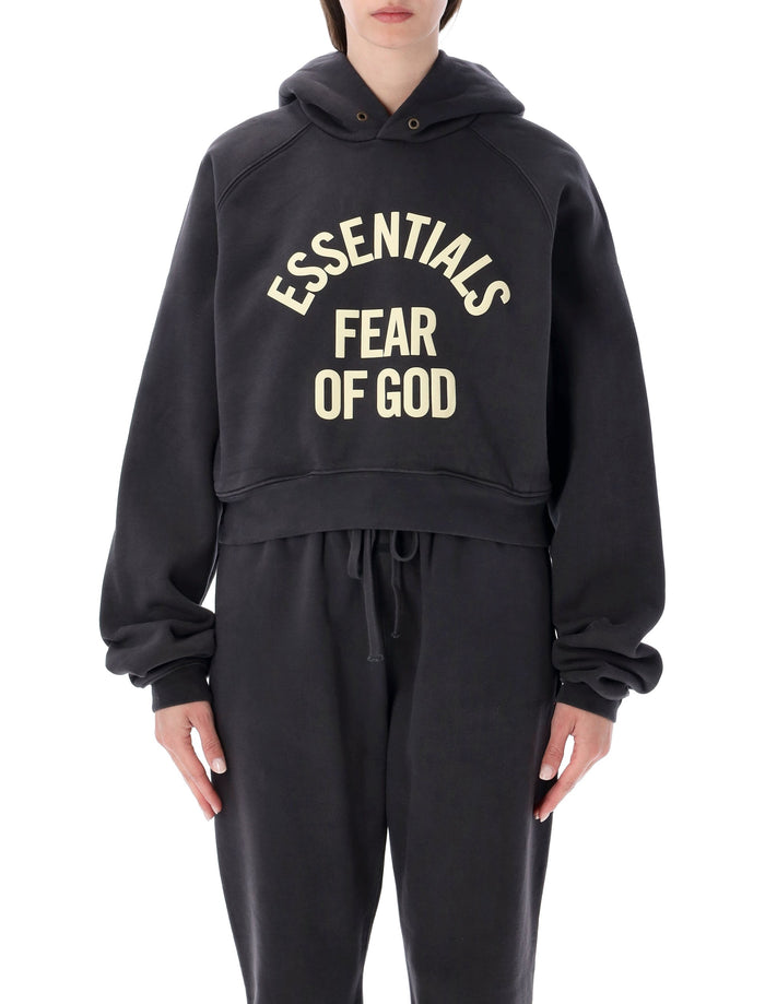 Essentials Fear Of God Black Campus 90s Cropped Hoodie Faded Cotton Sweatshirt