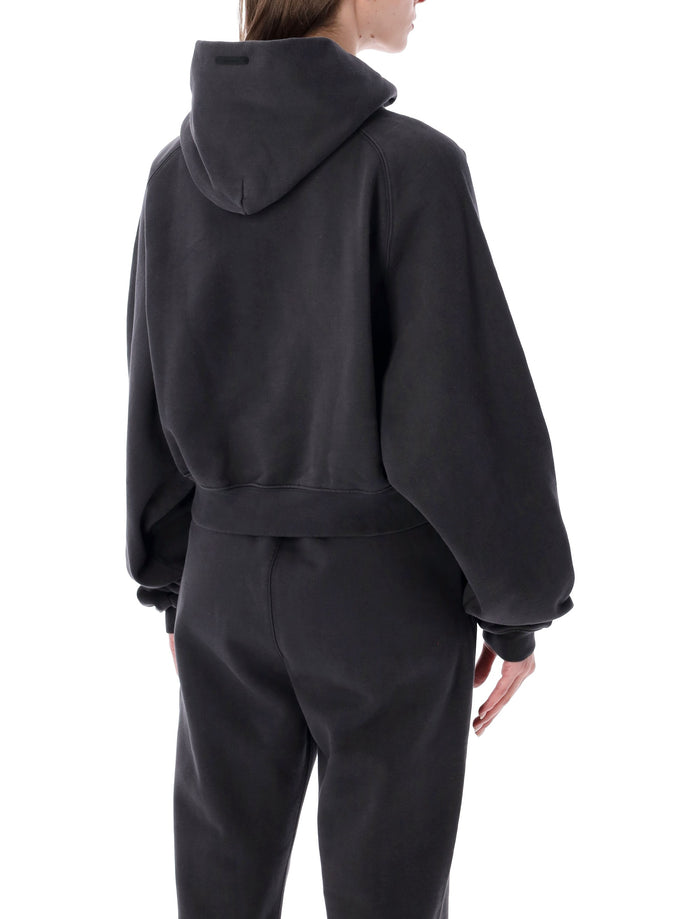 Essentials Fear Of God Black Campus 90s Cropped Hoodie Faded Cotton Sweatshirt
