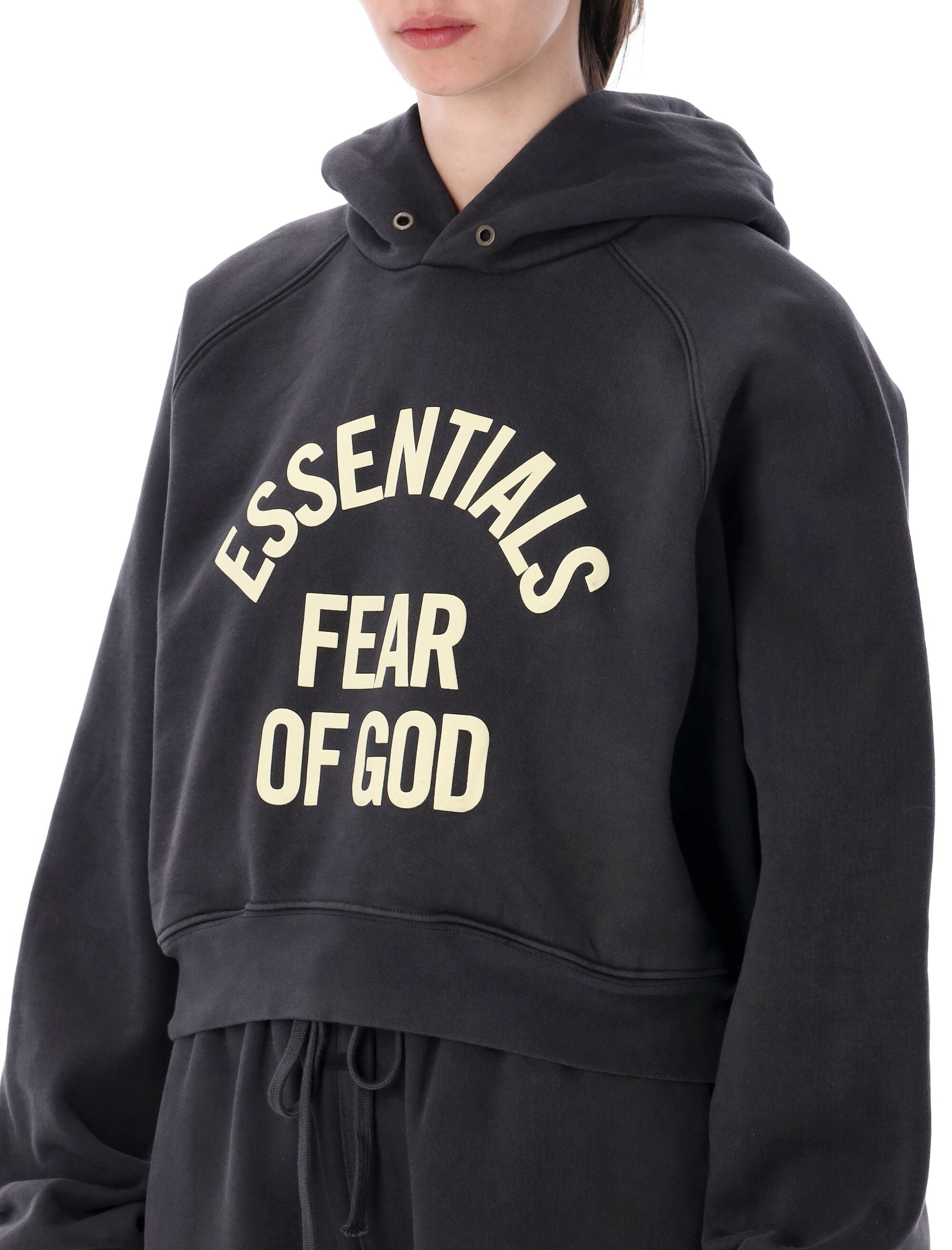 Essentials Fear Of God Black Campus 90s Cropped Hoodie Faded Cotton Sweatshirt