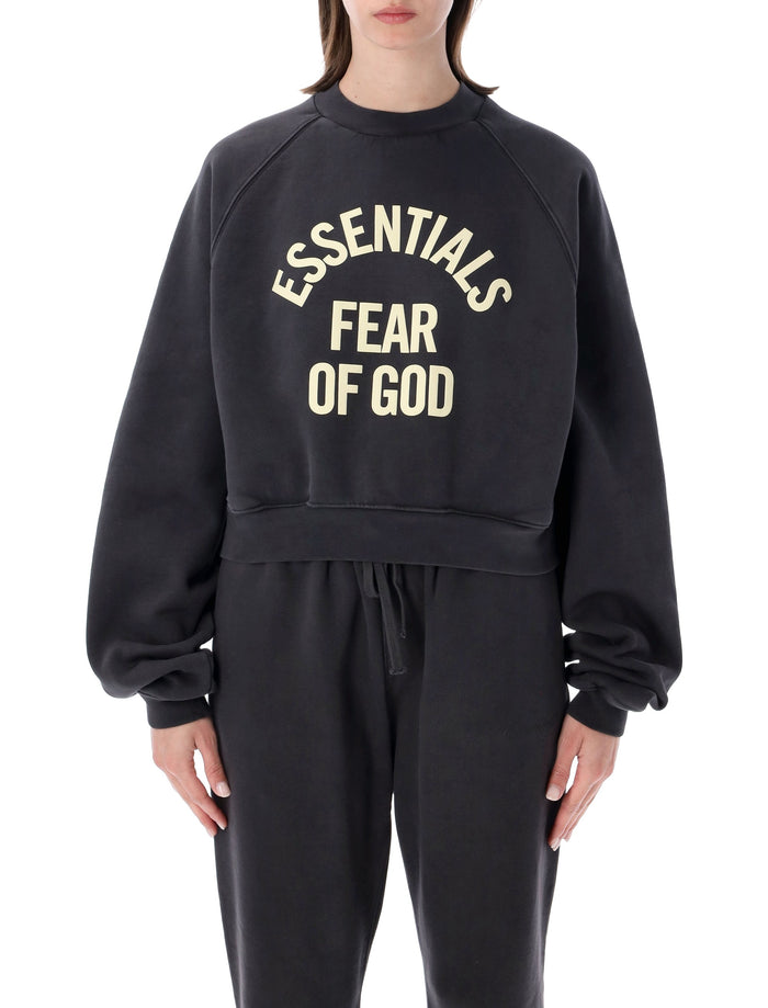 Essentials Fear Of God Black Campus 90s Cropped Raglan Sweatshirt Faded Cotton