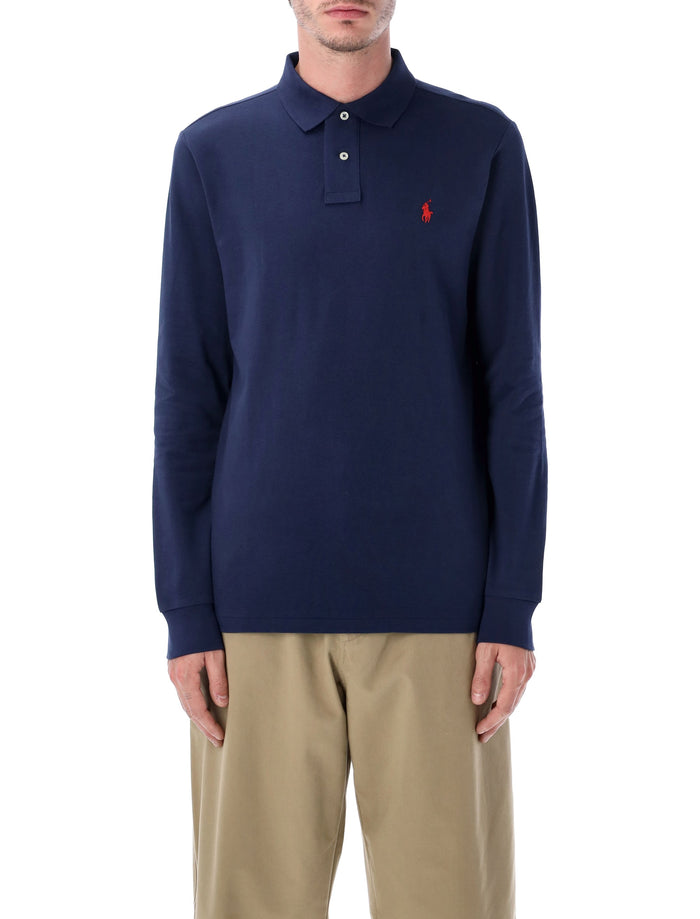 Polo Ralph Lauren Long-Sleeve Cotton Piqué Shirt Custom Slim-Fit Newport Navy Tshirt