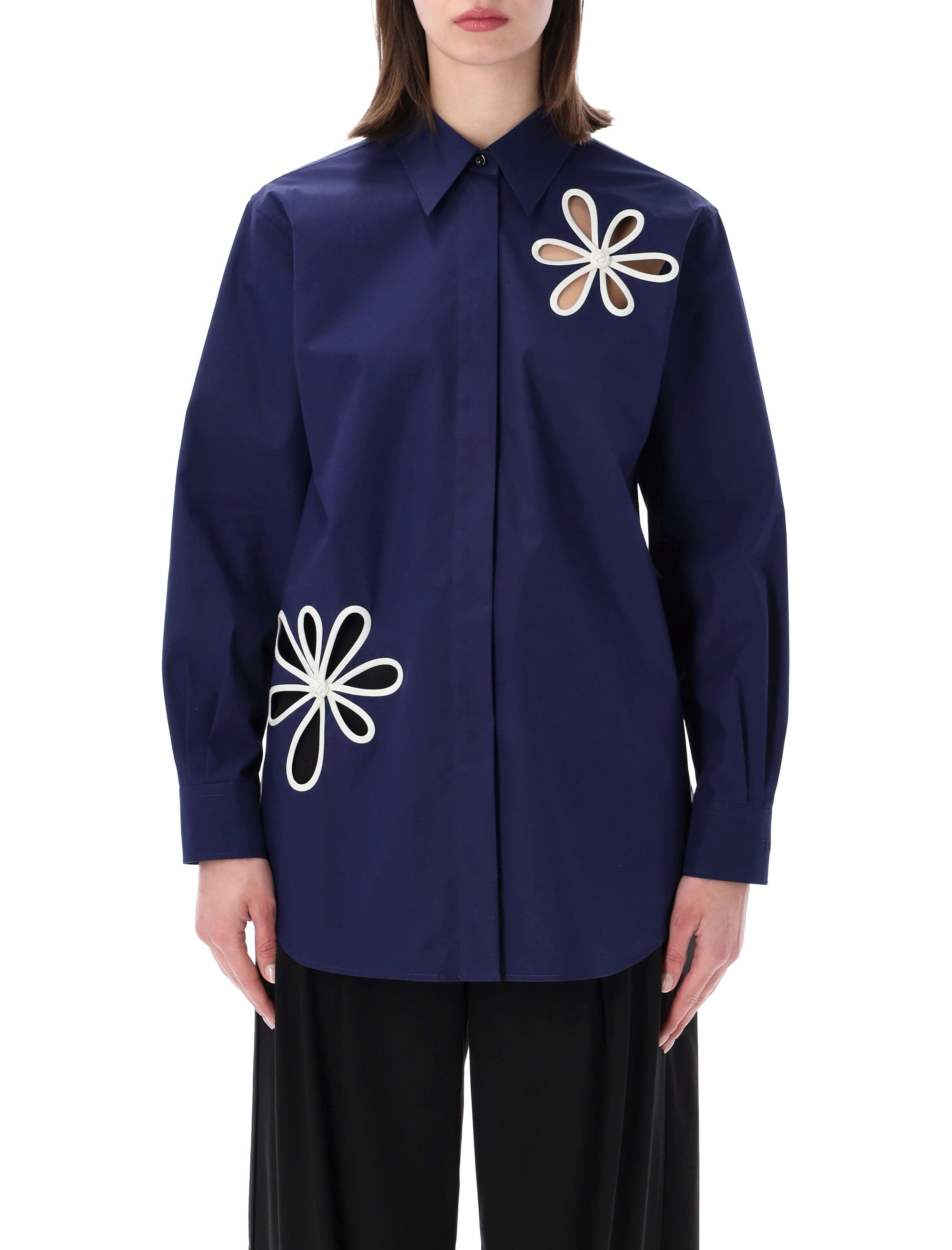 Fendi Poplin Floral Cut-Out Detail Shirt Blue Cotton