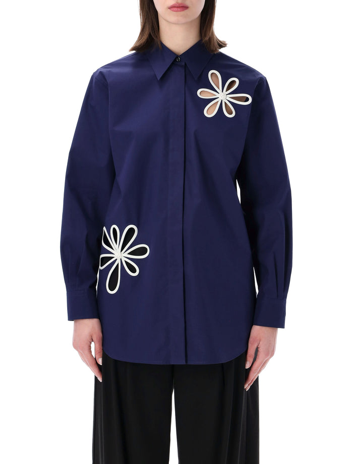 Fendi Poplin Floral Cut-Out Detail Shirt Blue Cotton