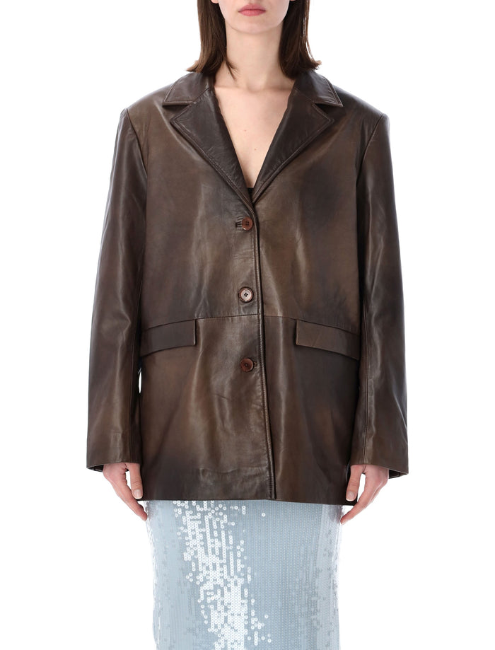 Rotate Oversized Leather Blazer Jacket Potting Soil Brown Lamb