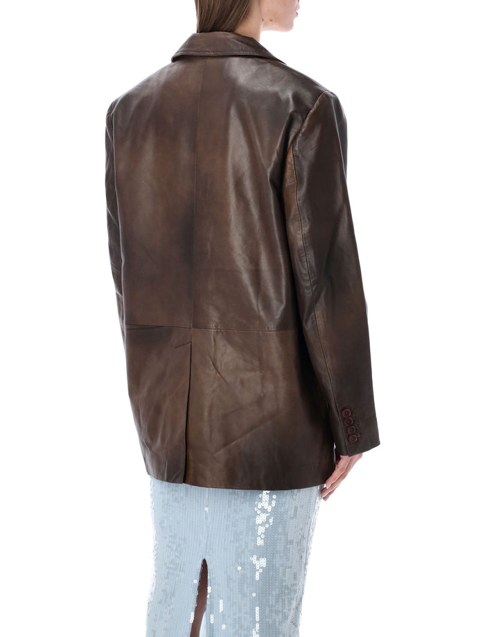 Rotate Oversized Leather Blazer Jacket Potting Soil Brown Lamb