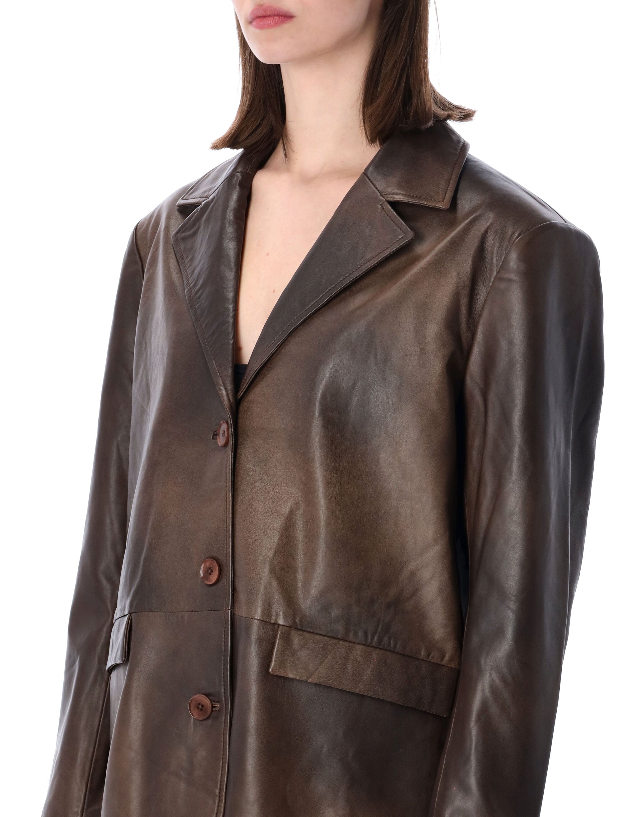 Rotate Oversized Leather Blazer Jacket Potting Soil Brown Lamb