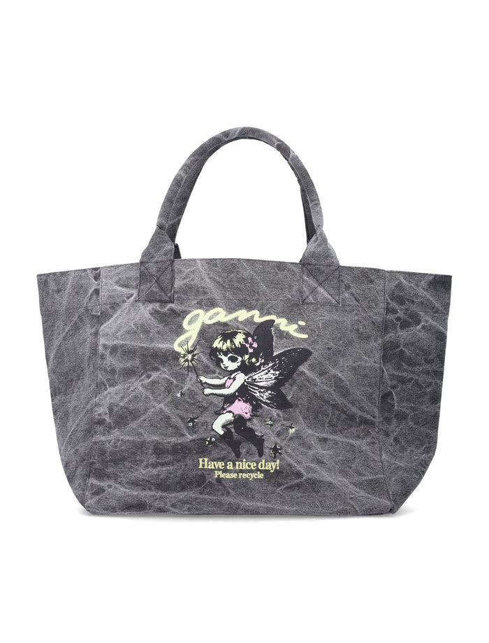 Ganni Medium Fairy Tote Bag Black Oister Recycled Cotton