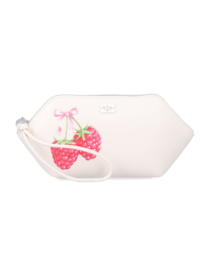 Ganni Raspberry Print Makeup Pouch Egret White Recycled Leather