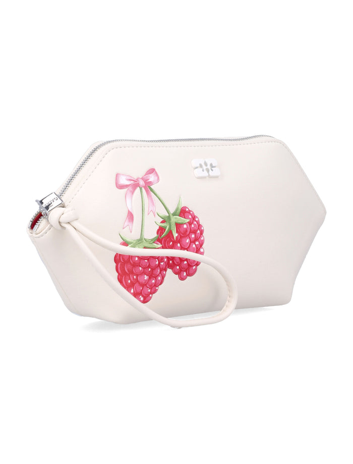 Ganni Raspberry Print Makeup Pouch Egret White Recycled Leather