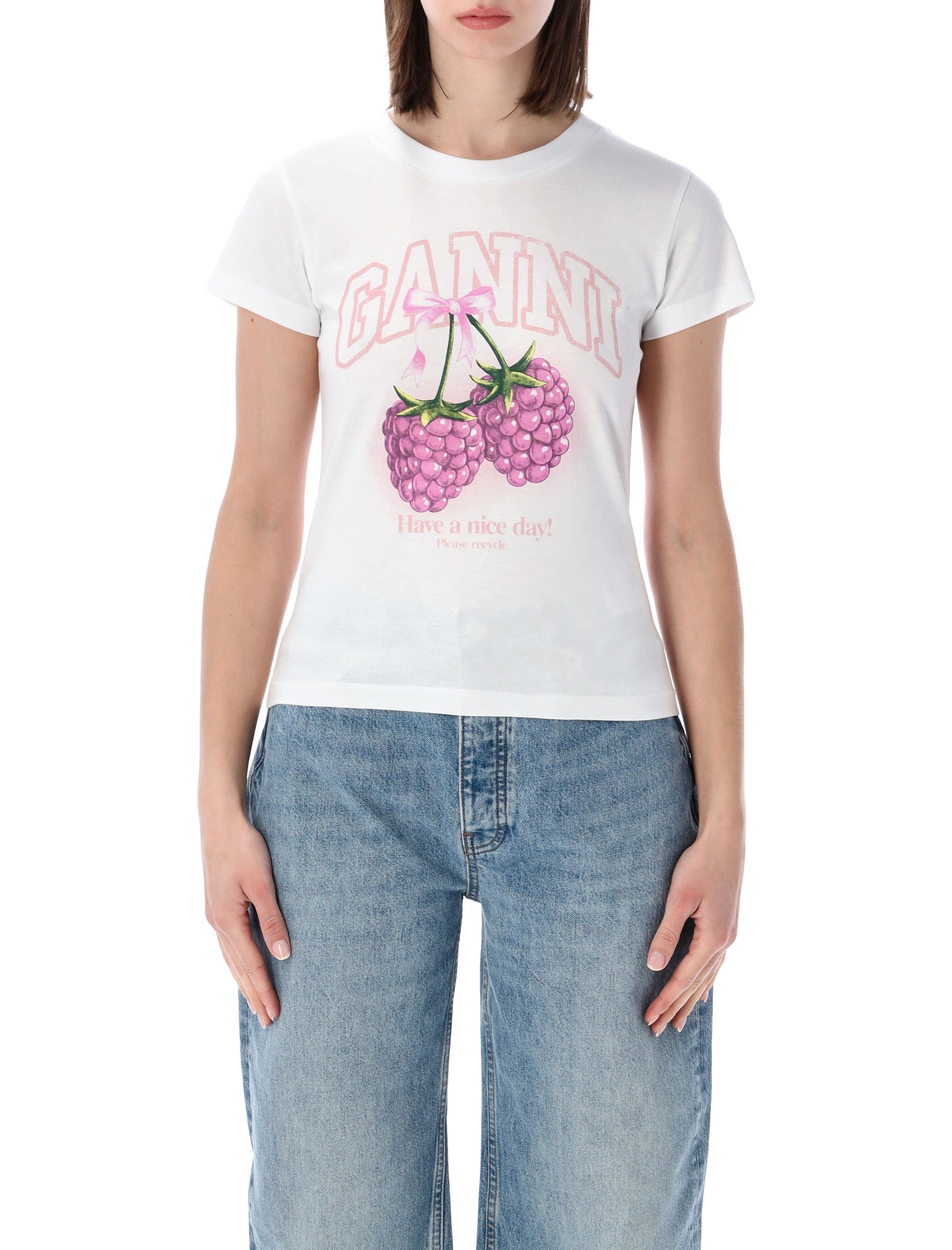 Ganni Raspberry Logo Baby T-Shirt White Organic Cotton