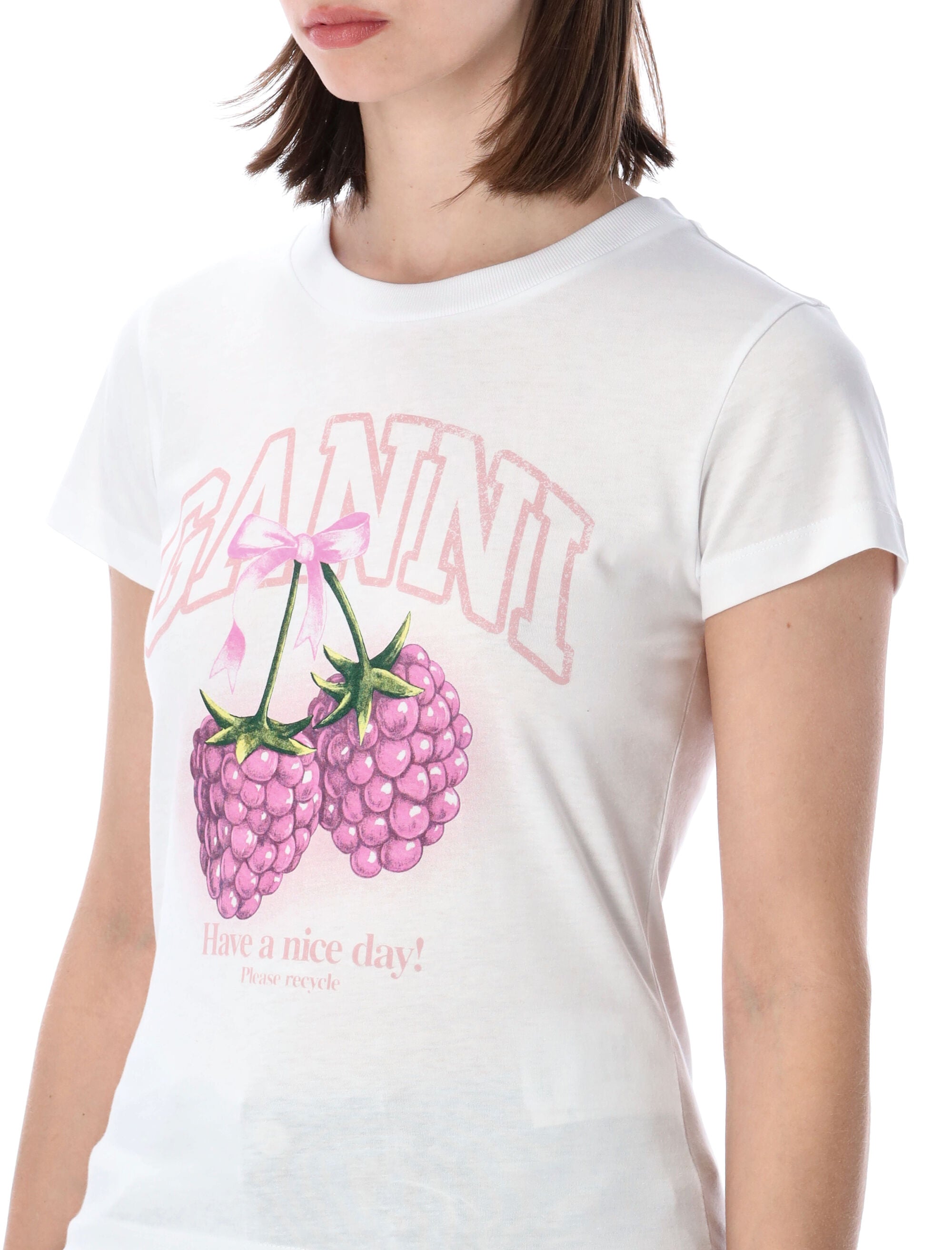 Ganni Raspberry Logo Baby T-Shirt White Organic Cotton