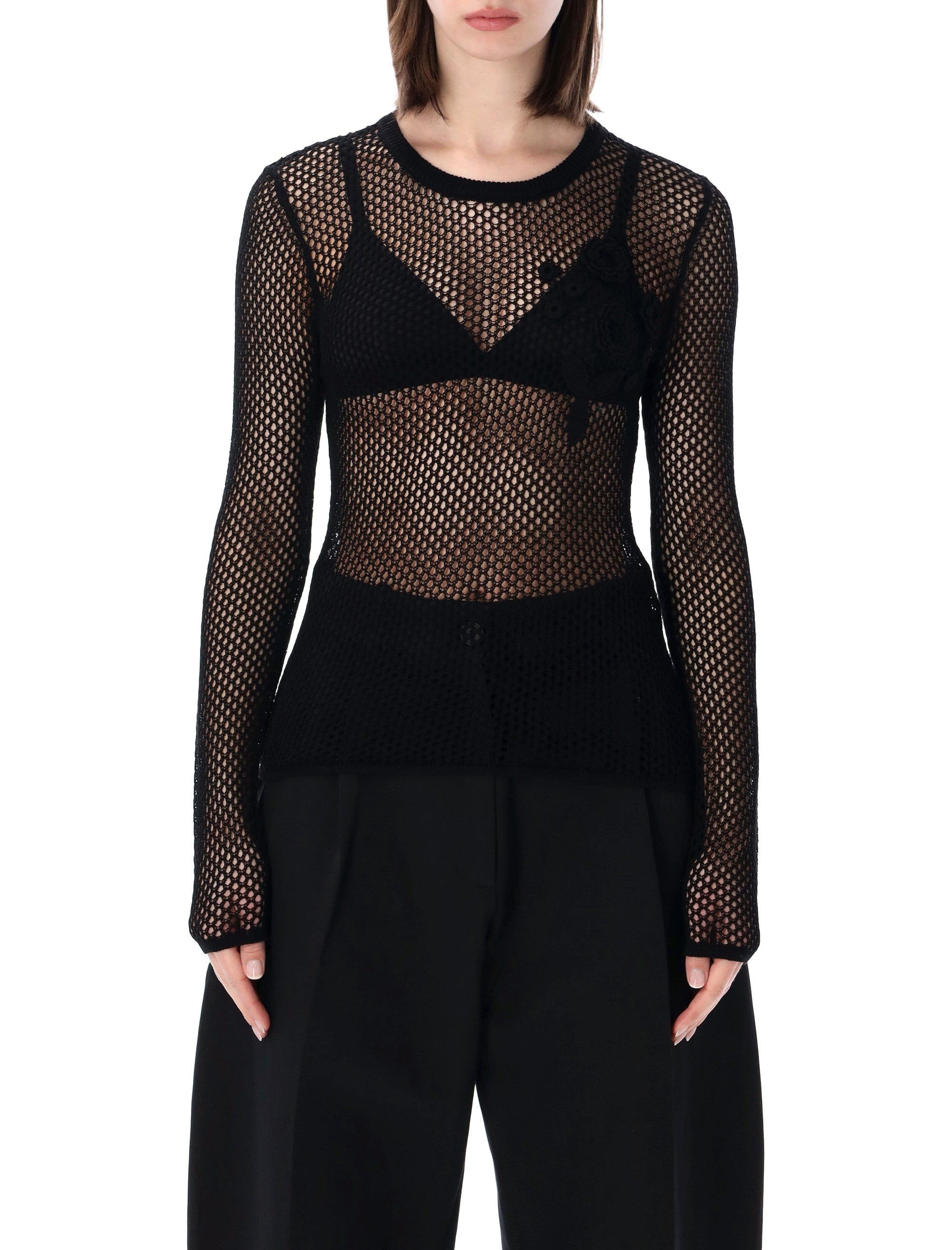Ganni Sheer Mesh Cotton Top Black Organic