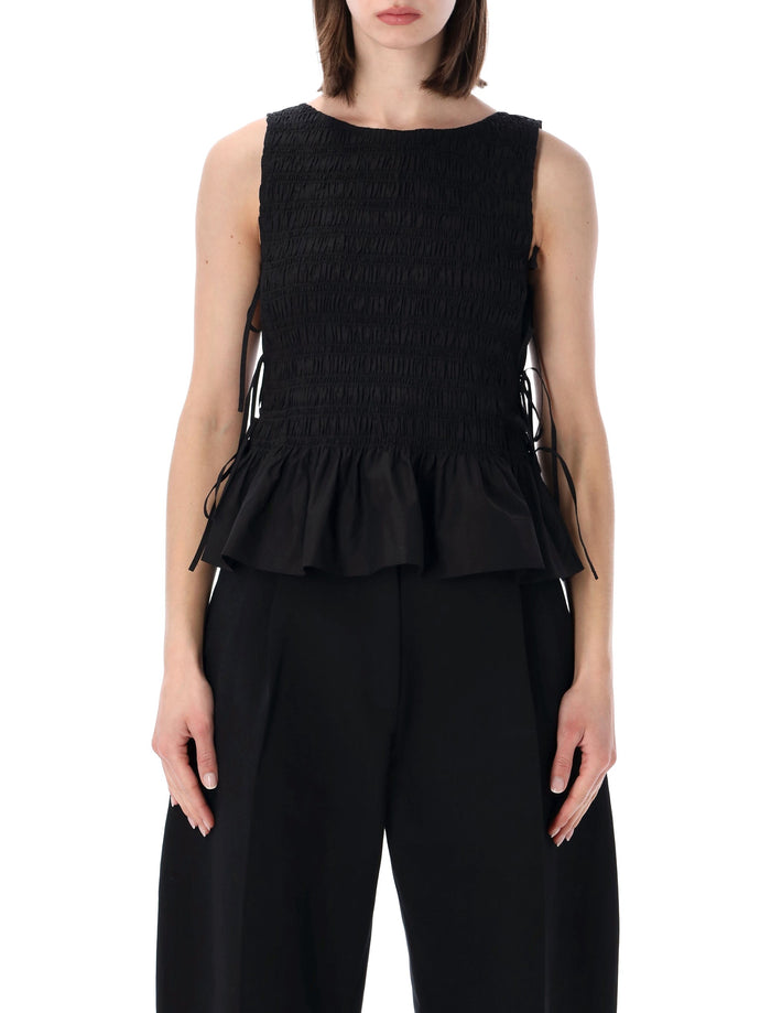 Ganni Black Smock Tie Cotton Top Organic