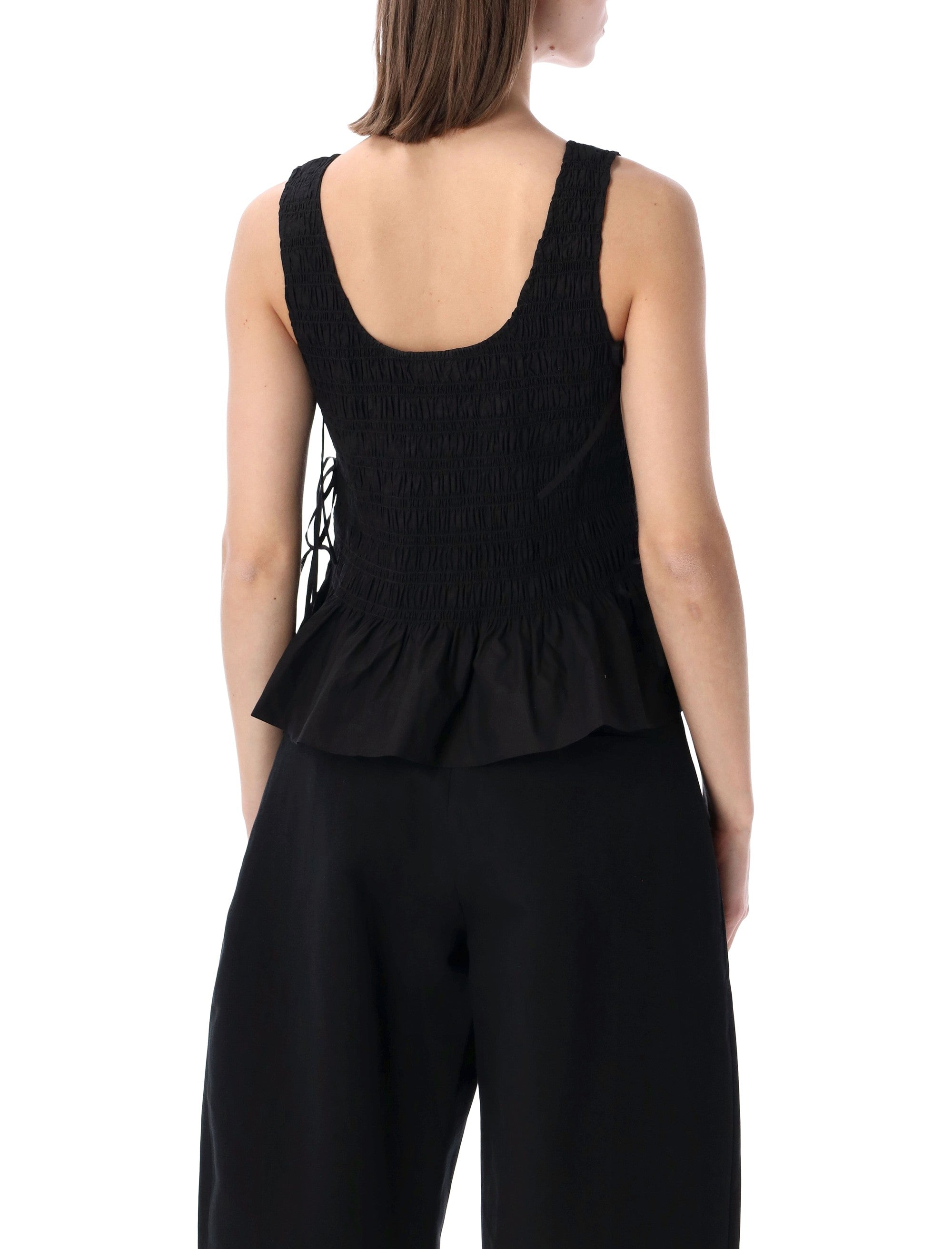 Ganni Black Smock Tie Cotton Top Organic