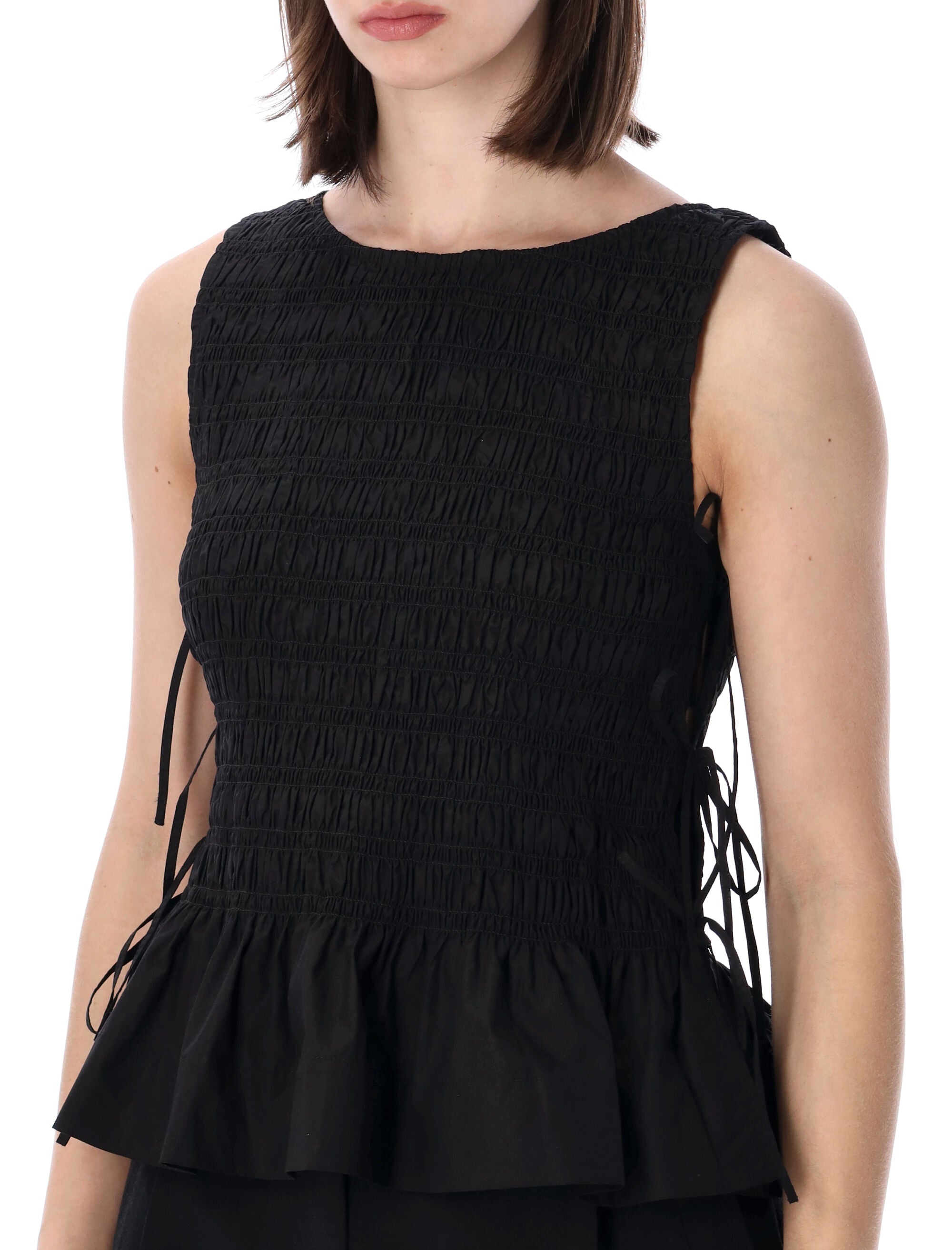 Ganni Black Smock Tie Cotton Top Organic