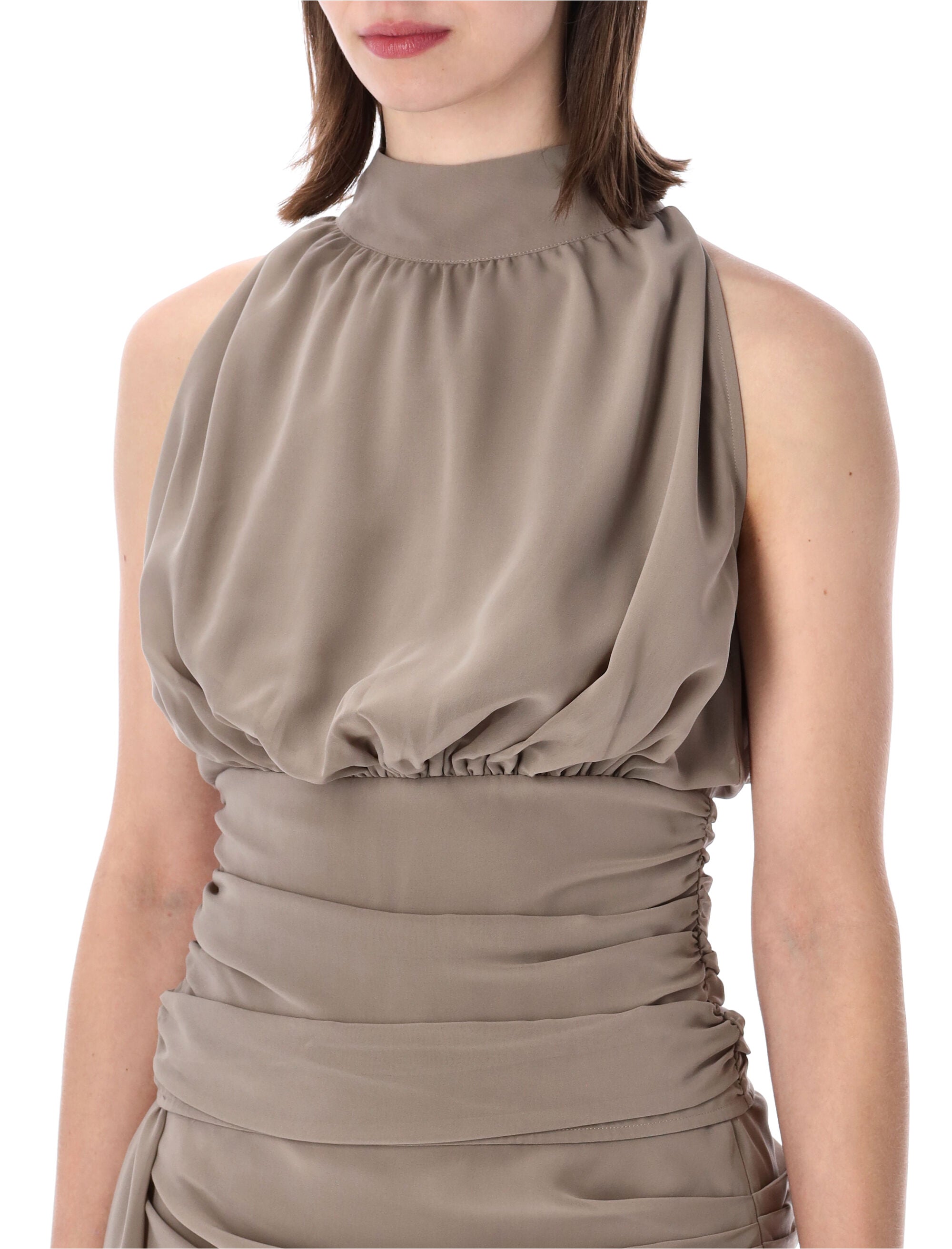 Rotate Ruched Chiffon Halterneck Top Drift Wood Beige Recycled Polyester