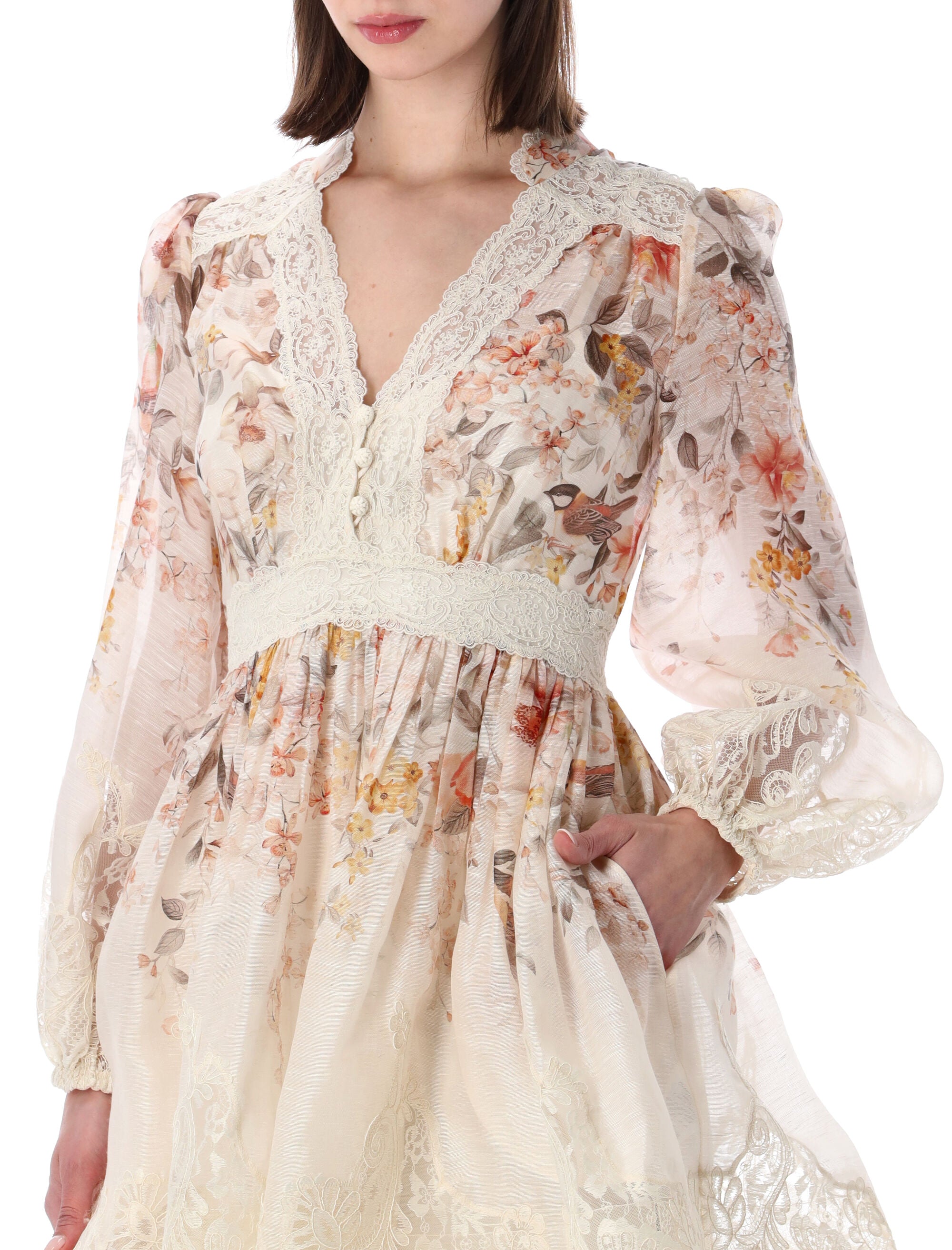 Zimmermann Luna Lace Lantern Mini Dress Cream Song Bird Linen