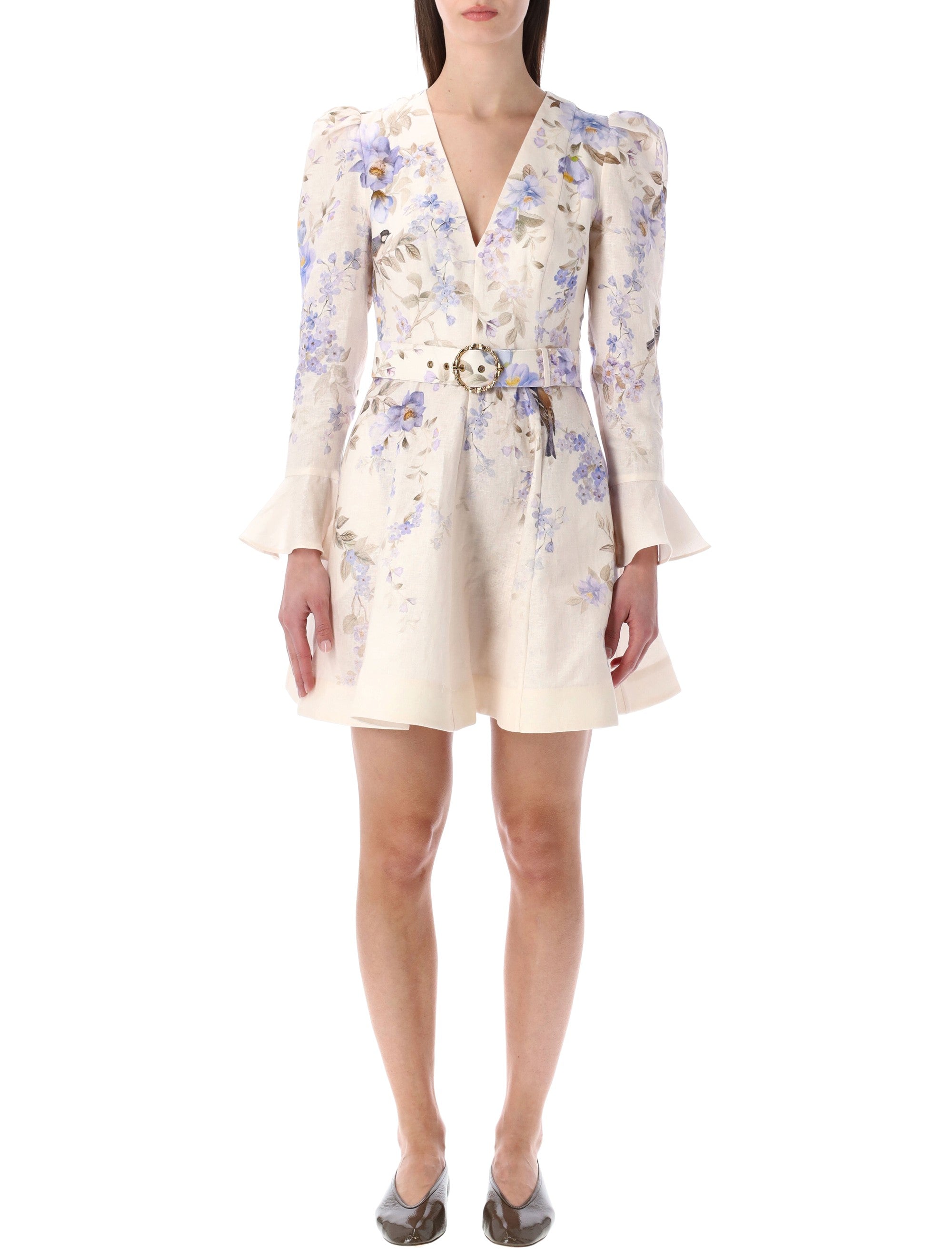 Zimmermann Luna plunge mini dress Blue Song Bird Cream Linen